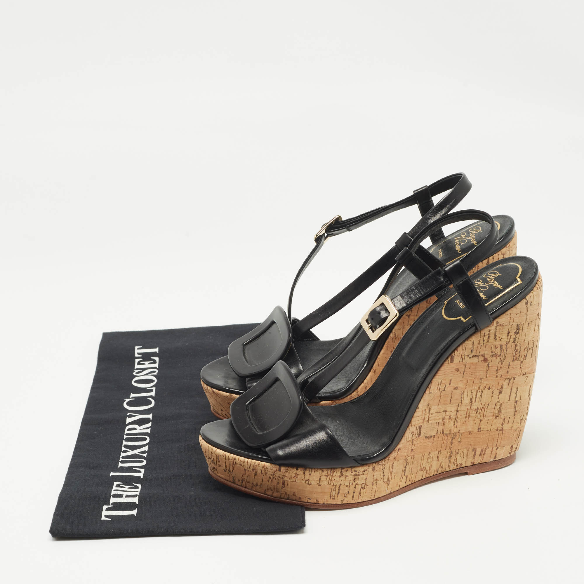 Roger Vivier Black Leather Cork Wedge Ankle Strap Sandals Size 39 