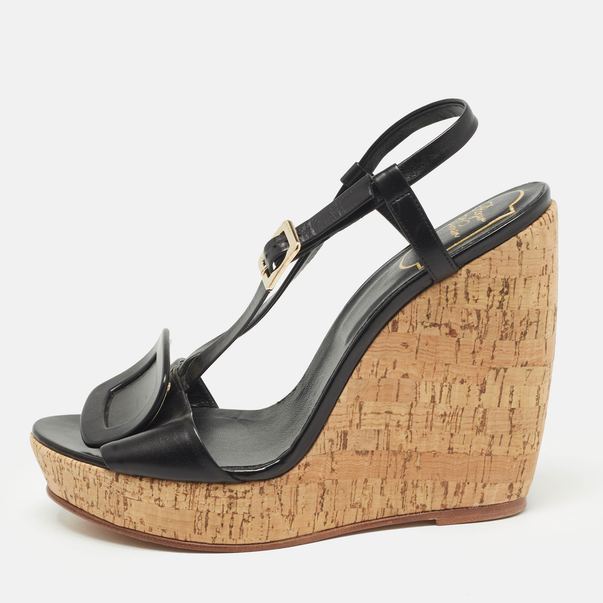 

Roger Vivier Black Leather Cork Wedge Ankle Strap Sandals Size