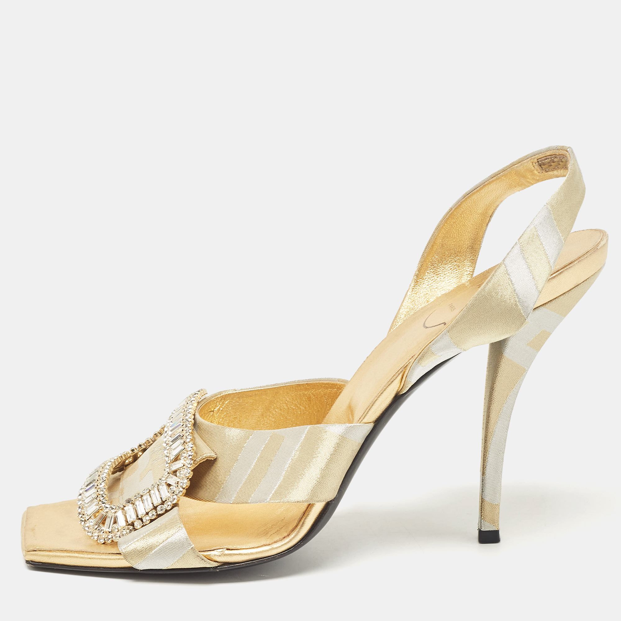 

Roger Vivier Two Tone Satin Crystal Embellished Slingback Sandals Size, Gold