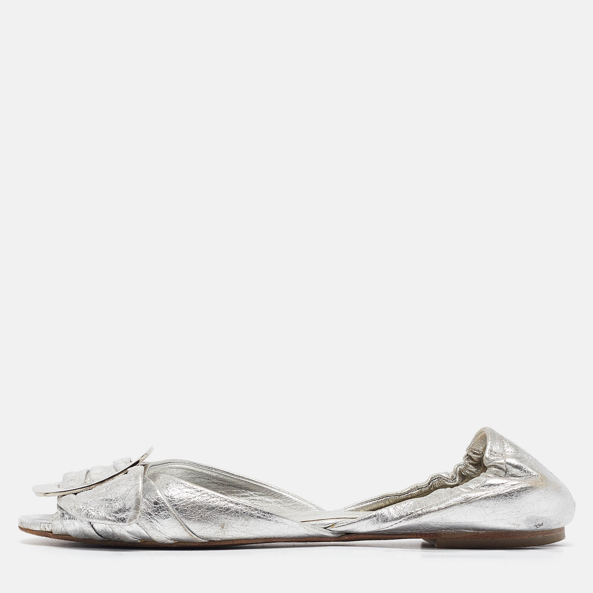 

Roger Vivier Silver Leather Open Toe Ballet Flats Size