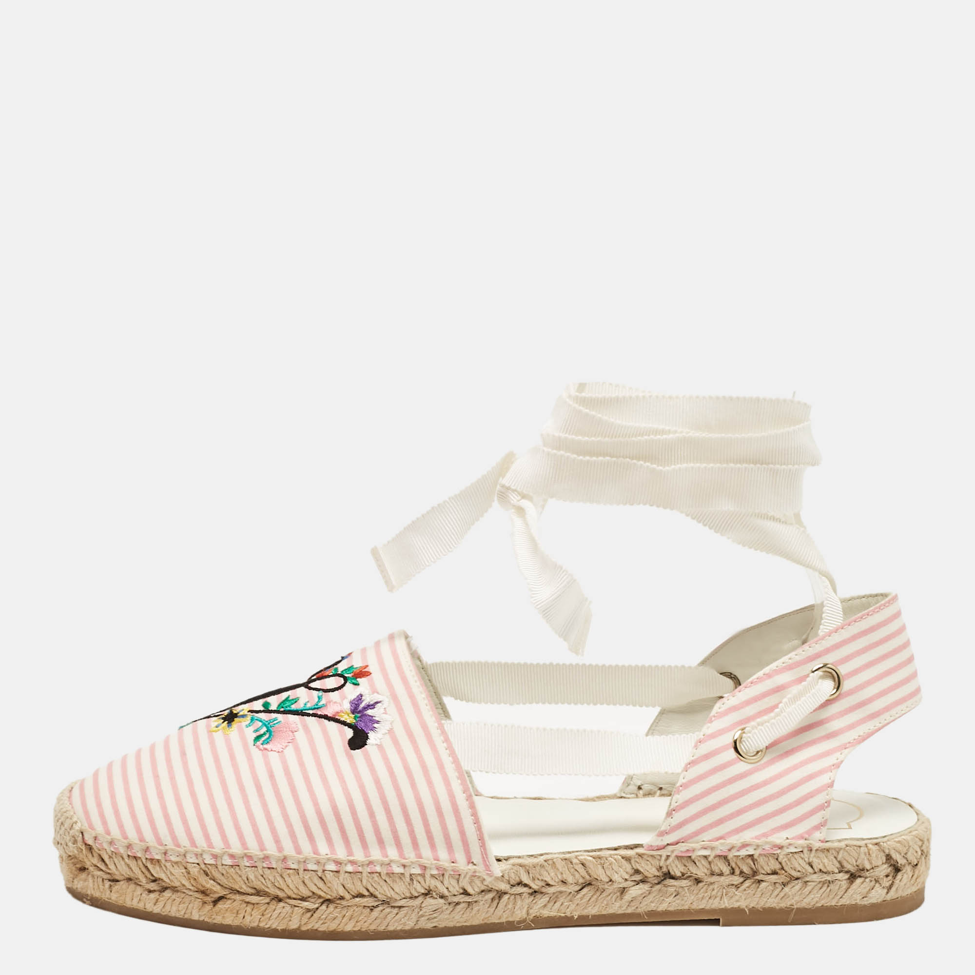 

Roger Vivier Pink/White Striped Canvas Blooming RV Embroidered Espadrille Flats Size