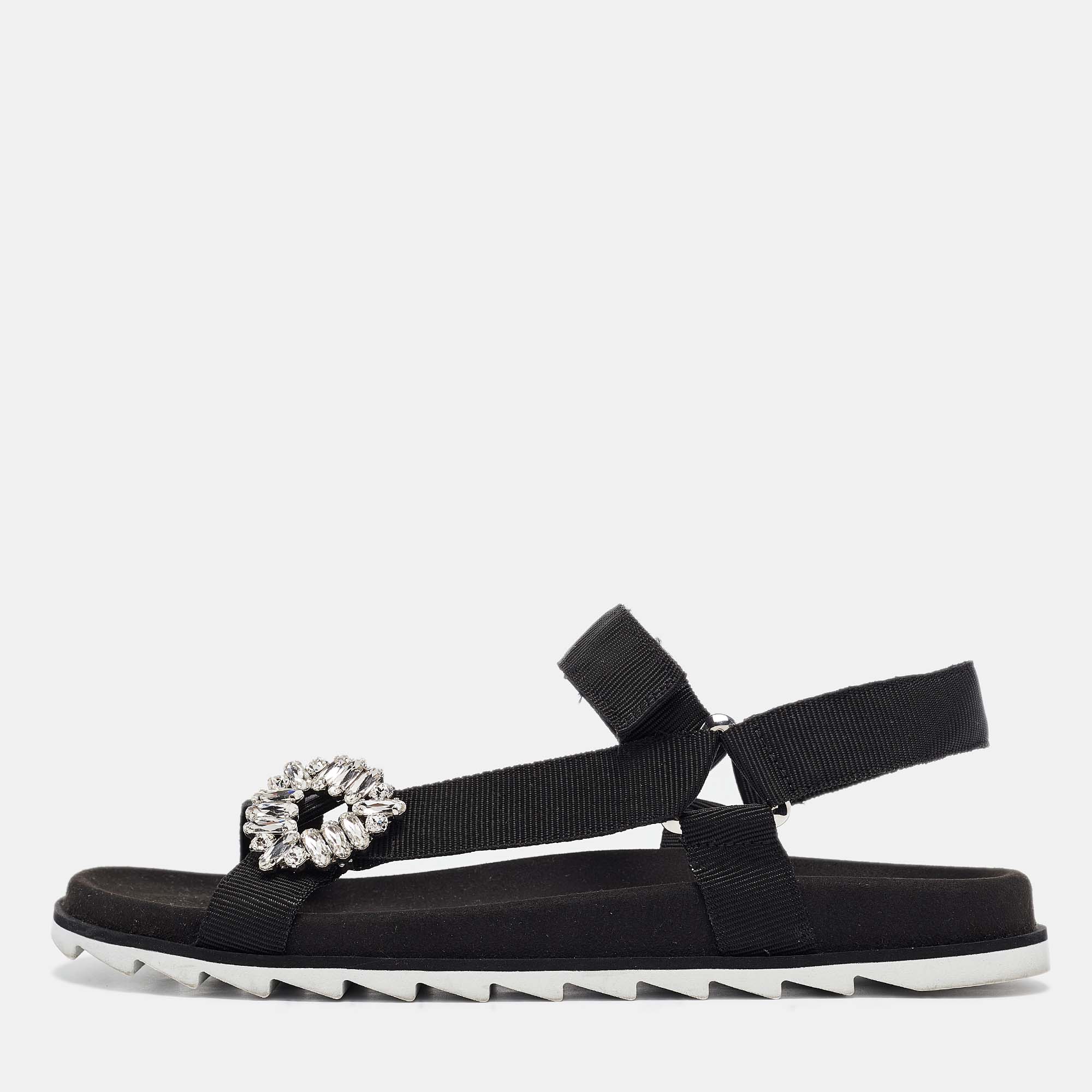 

Roger Vivier Black Canvas Crystal Embellished Flat Sandals Size