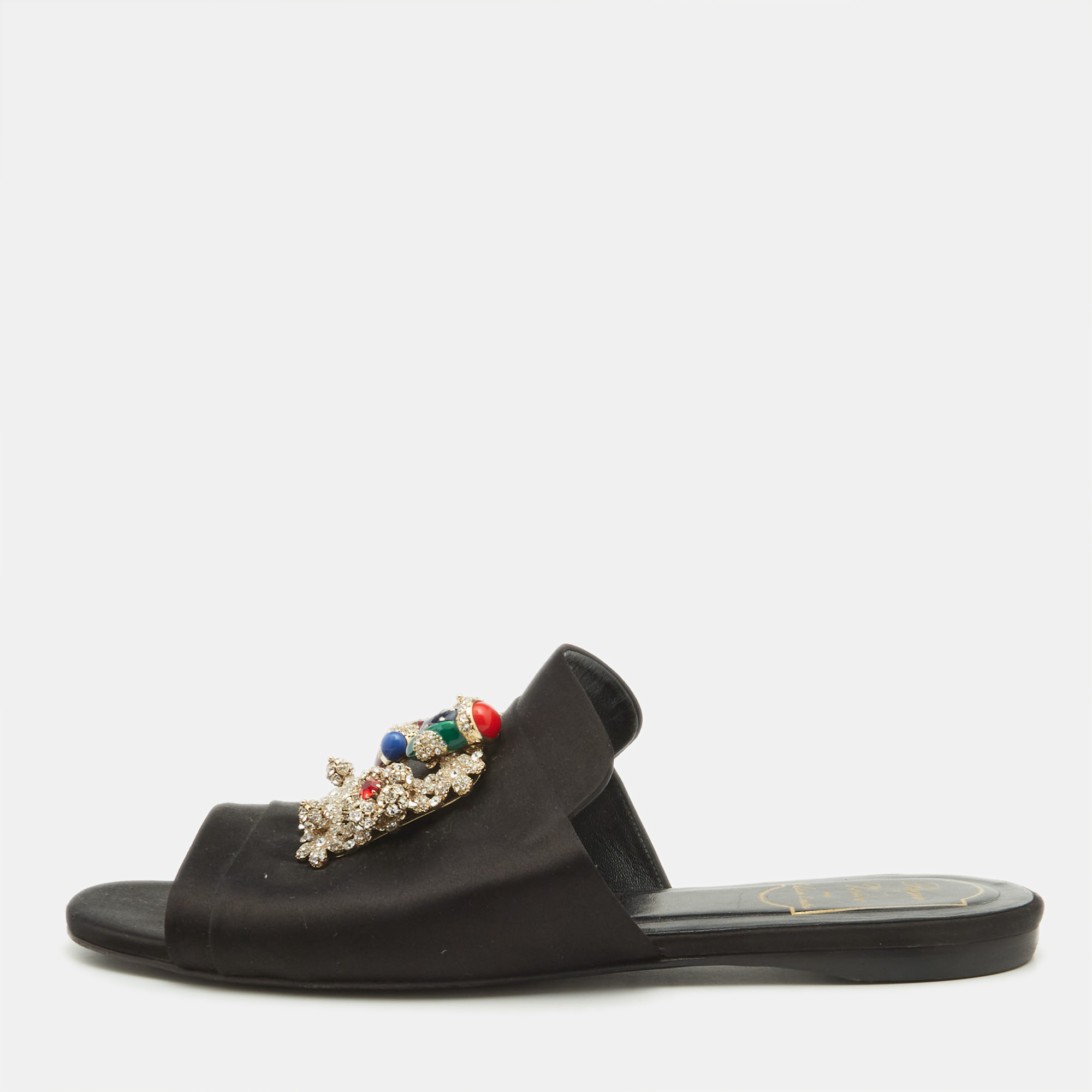 

Roger Vivier Black Satin Crystal Embellished Flat Slides Size