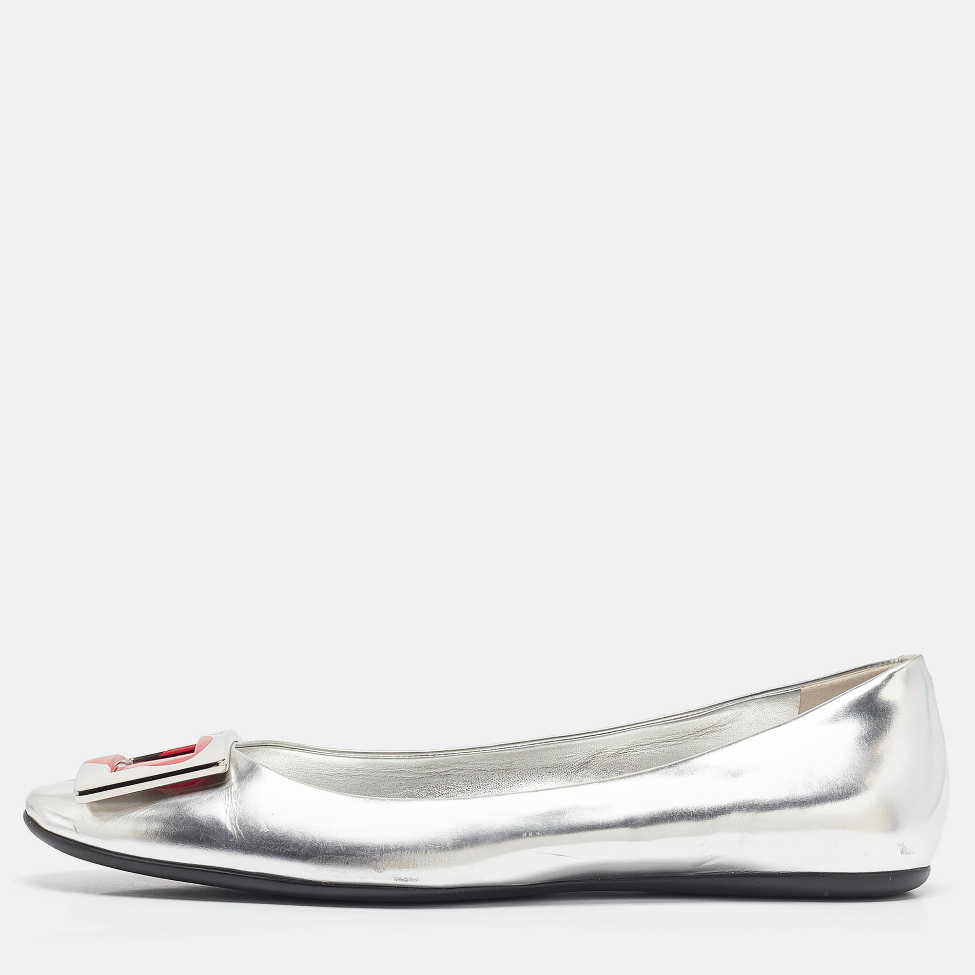 

Roger Vivier Silver Leather Gommette Ballet Flats Size