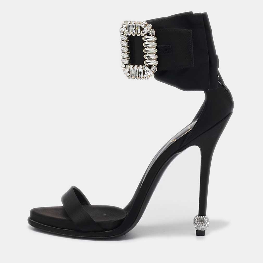 

Roger Vivier Black Satin Crystal Embellished Buckle Bow Ankle Strap Sandals Size