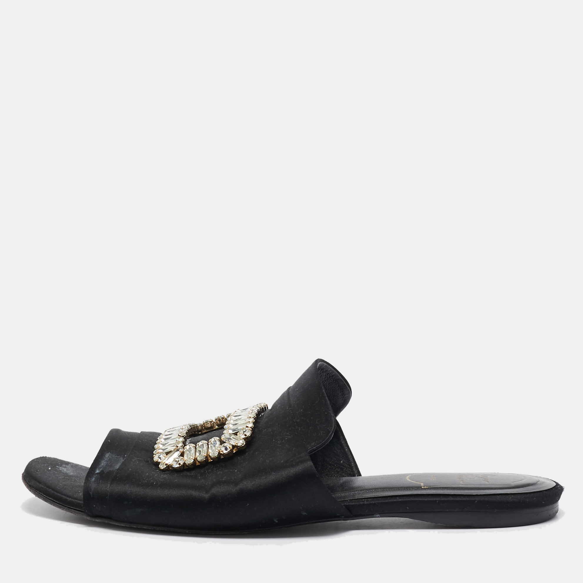 

Roger Vivier Black Satin Crystal Embellished Flat Mules Size