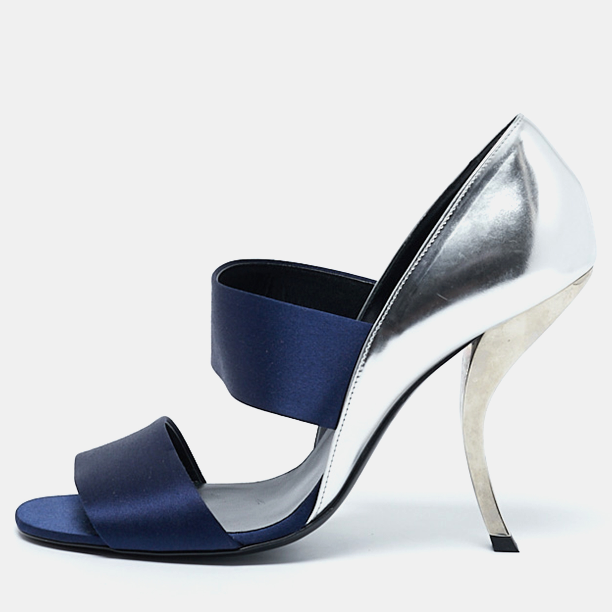 

Roger Vivier Navy Blue/Silver Satin and Leather Colorblock Slide Sandals Size