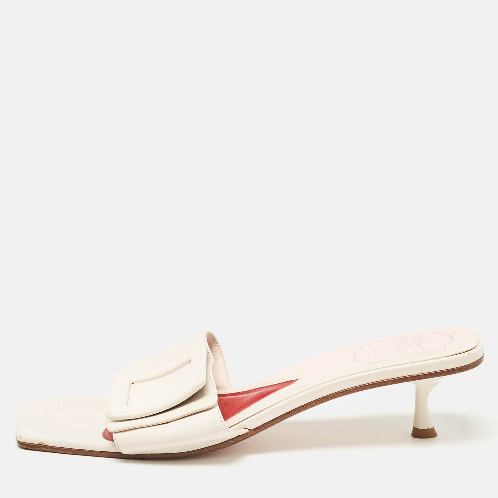 

Roger Vivier Cream Leather Buckle Slide Sandals Size