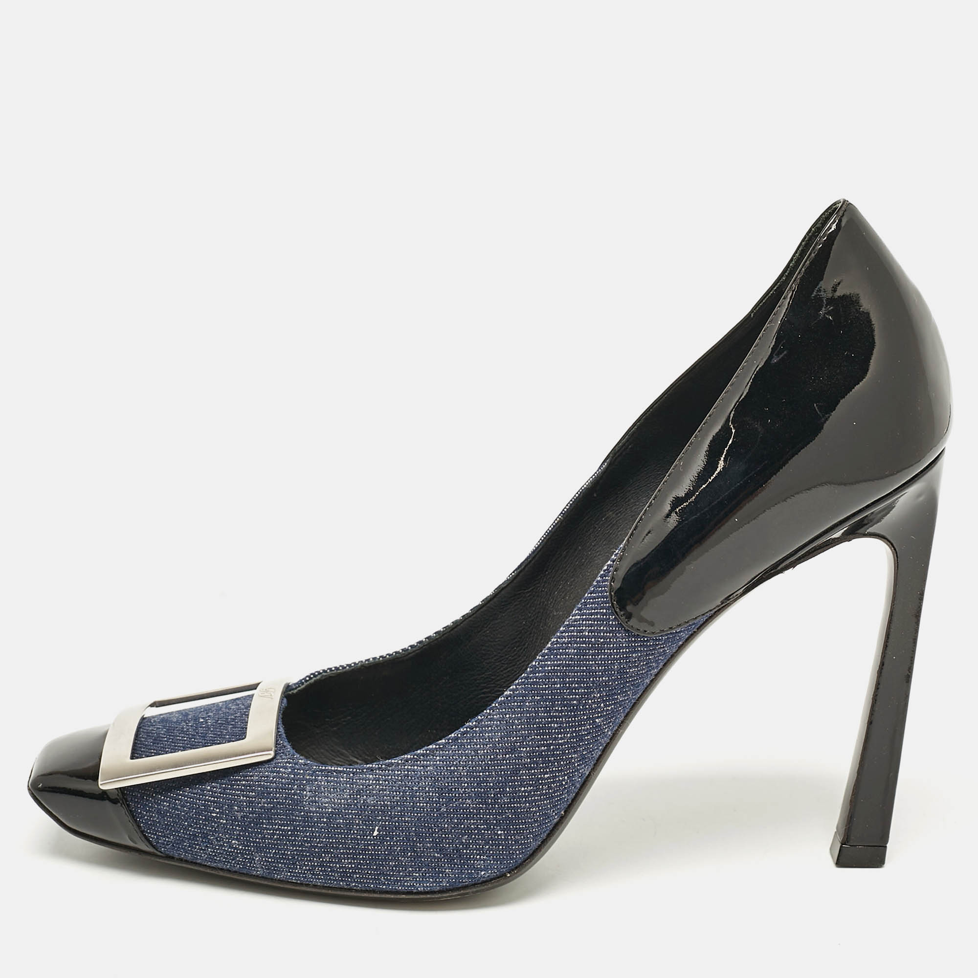 

Roger Vivier Navy Blue Denim and Patent Leather Trompette Pumps Size