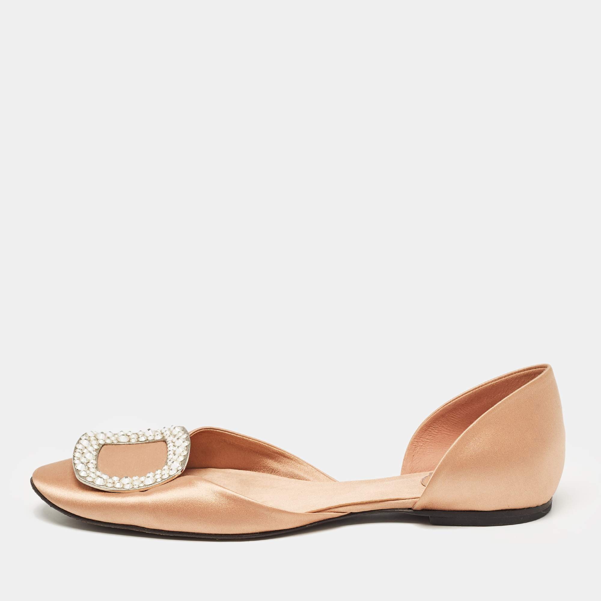 

Roger Vivier Peach Satin Crystal Embellished D'orsay Ballet Flats Size, Beige