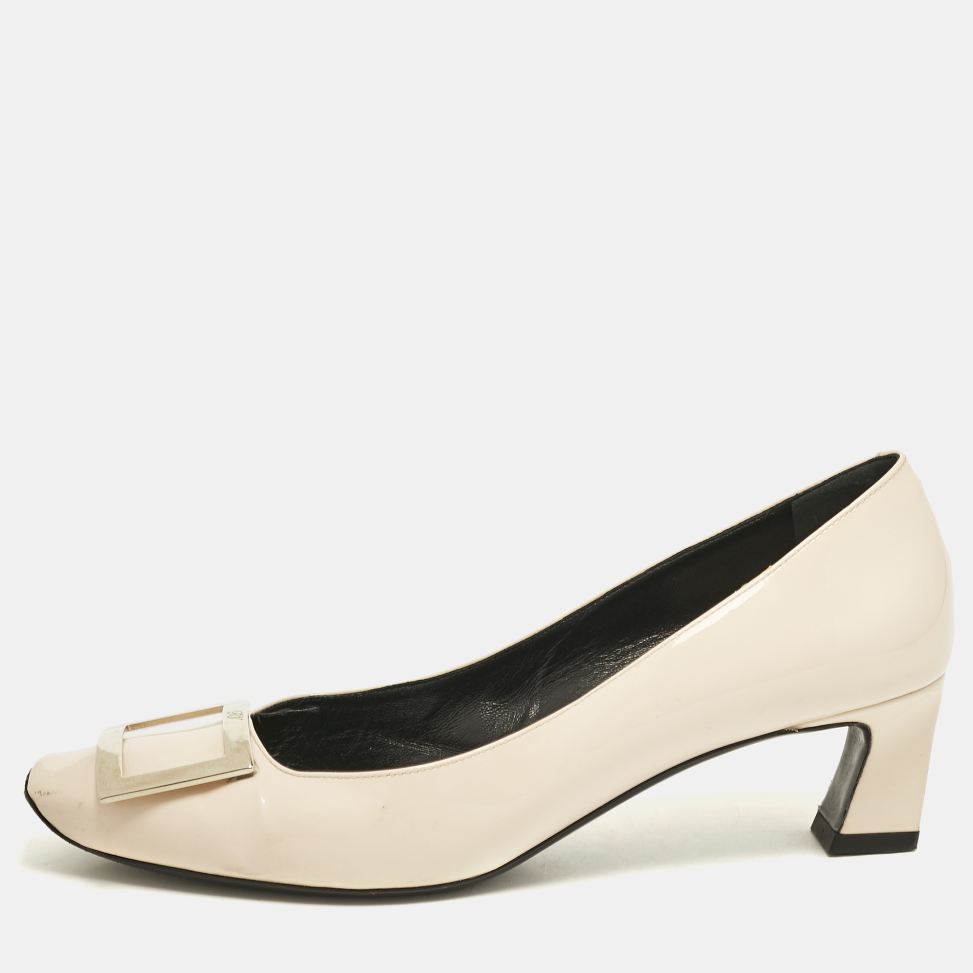 

Roger Vivier Cream Patent Leather Trompette Block Heel Pumps Size