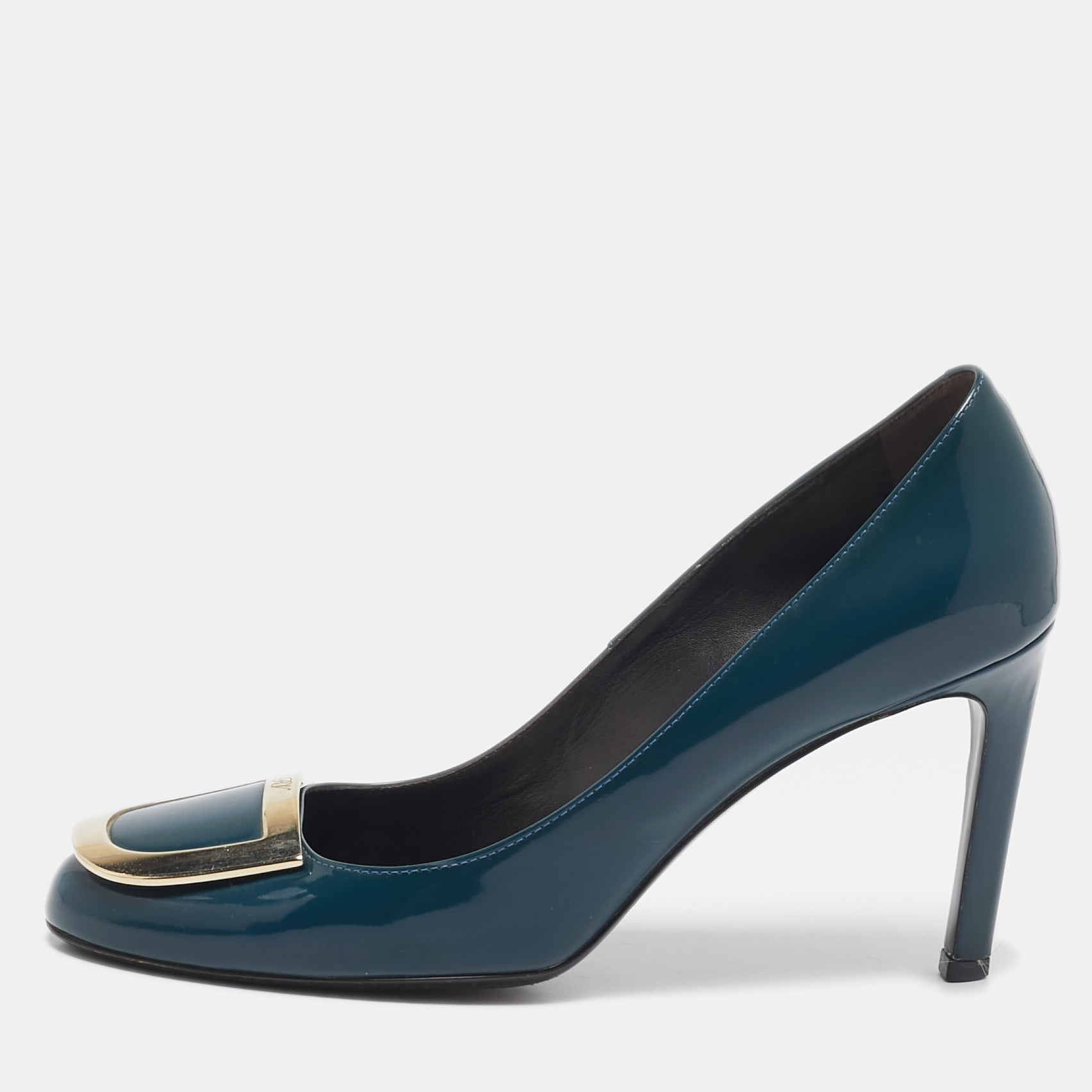 

Roger Vivier Teal Blue Patent Leather Buckle Round Toe Pumps Size