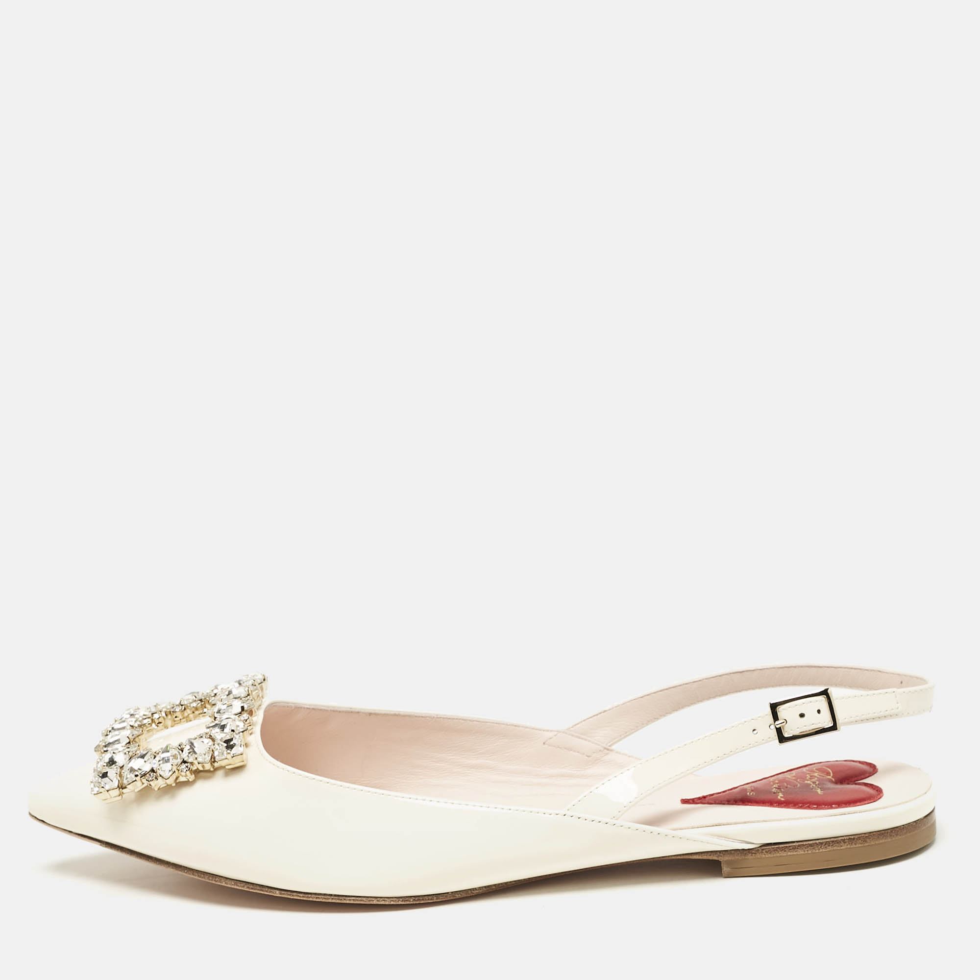 

Roger Vivier Off White Patent Leather Strass Buckle Slingback Flats Size