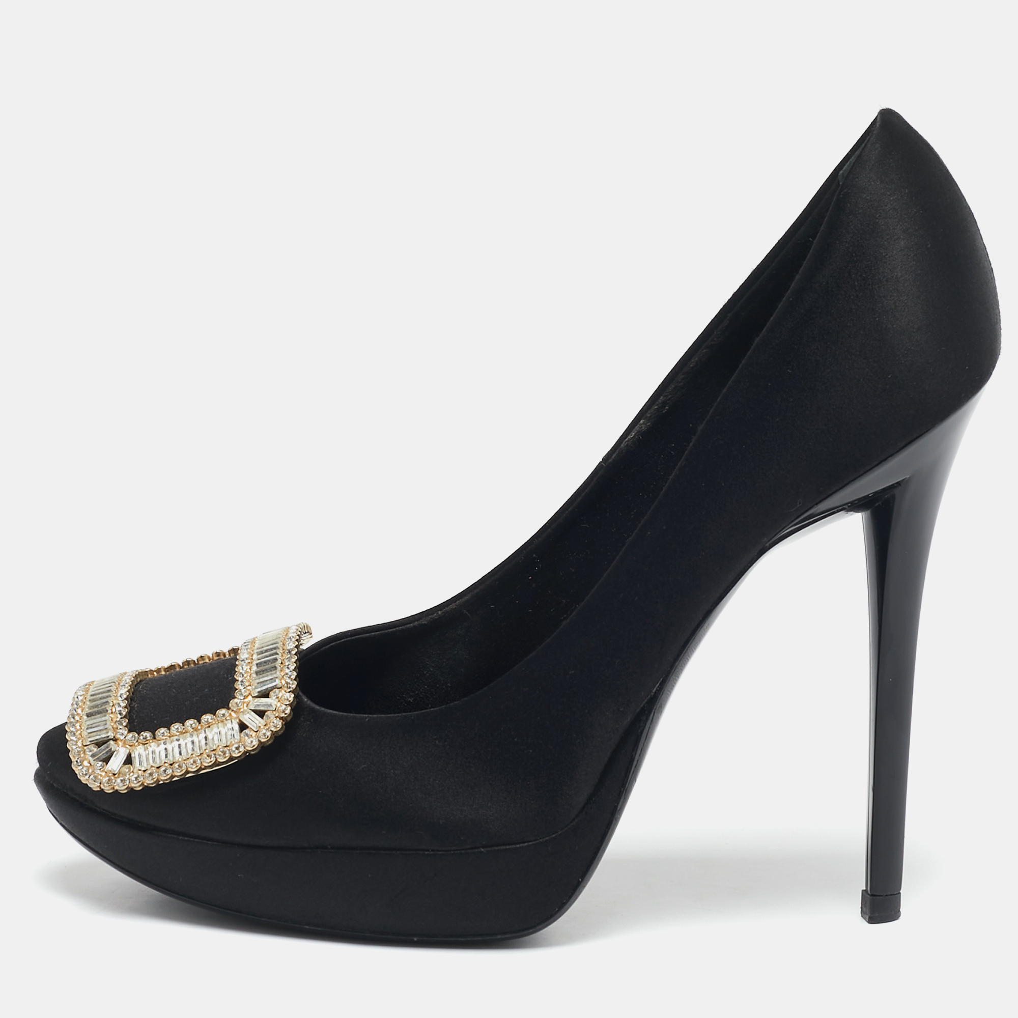 

Roger Vivier Black Satin Crystal Embellished Trompette Pumps Size