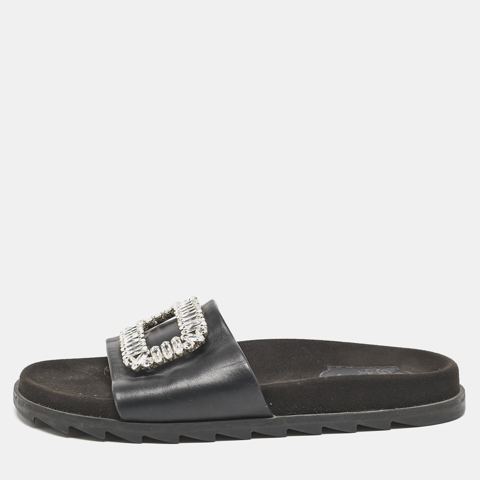 

Roger Vivier Black Leather Crystal Embellished Flat Slide Sandals Size