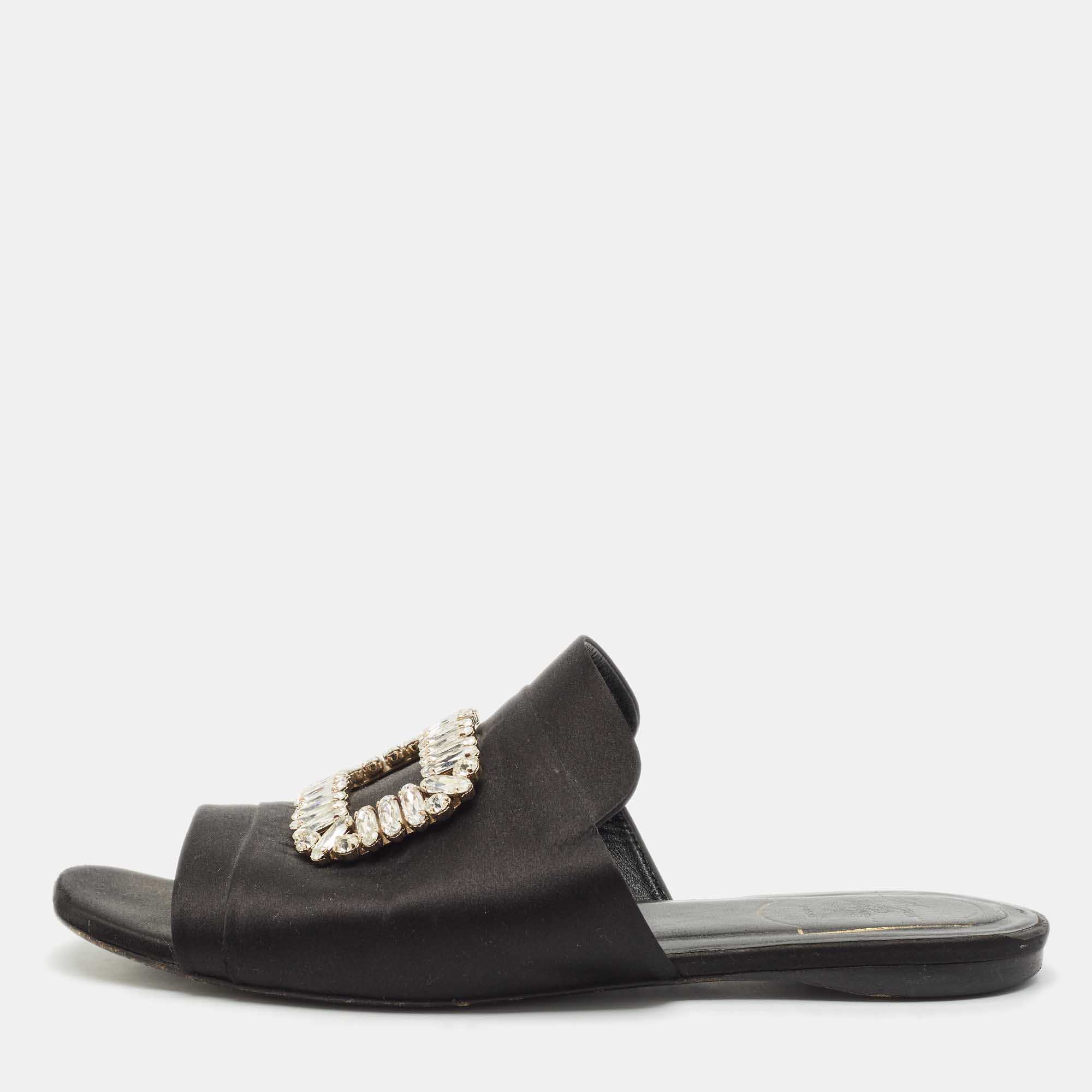 

Roger Vivier Black Satin Crystals Embellished Flat Slides Size