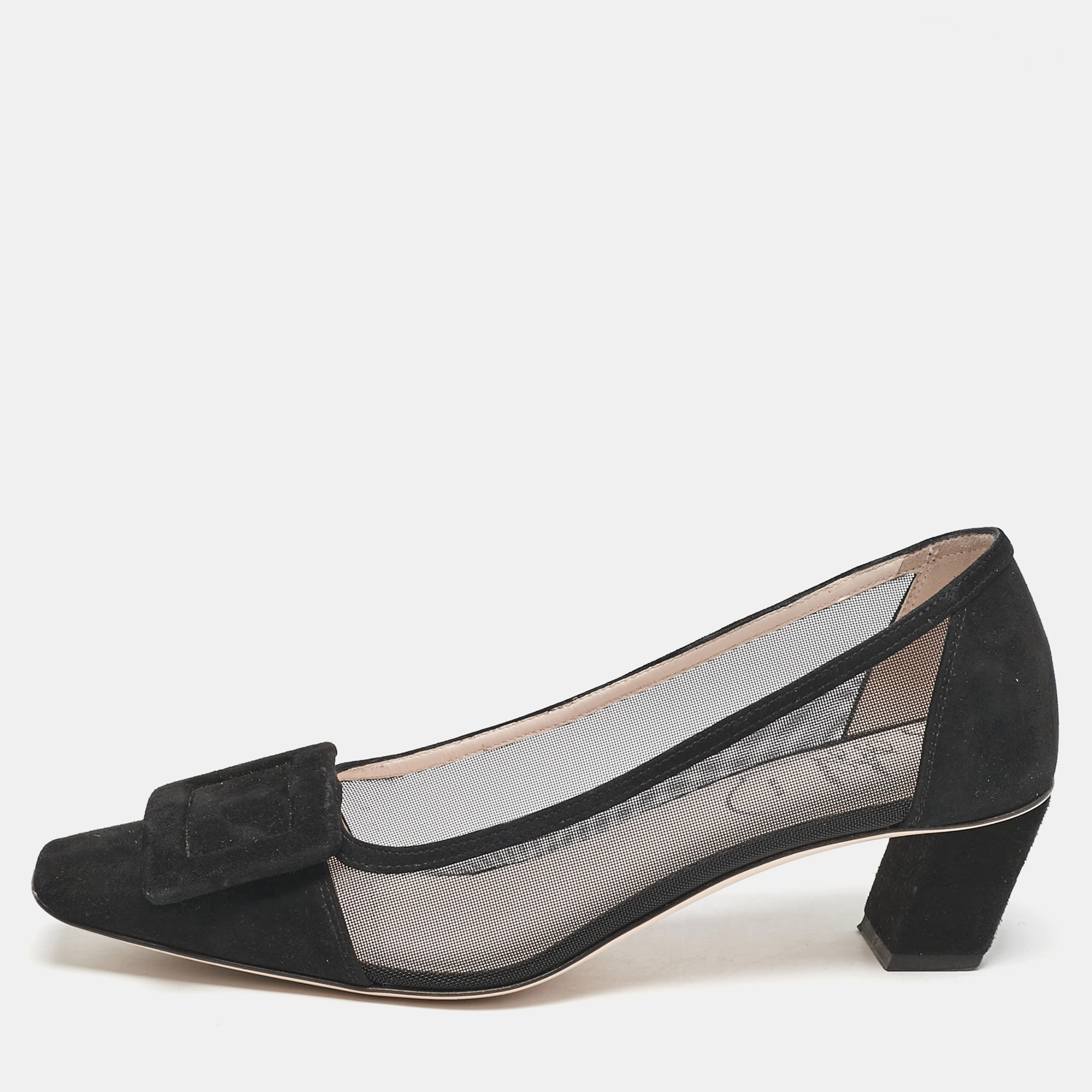 

Roger Vivier Black Mesh and Suede Belle Vivier Pumps Size