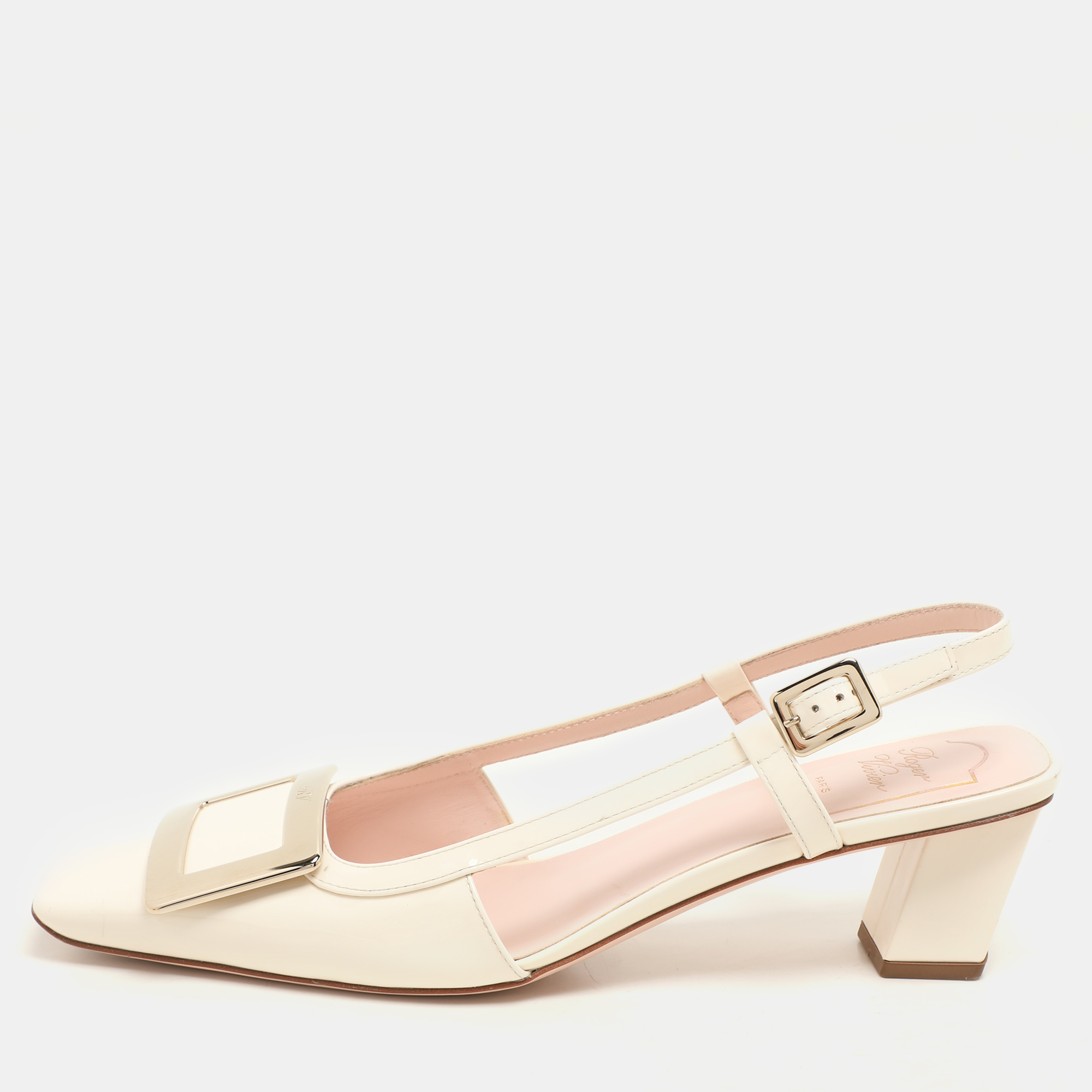 

Roger Vivier Cream Patent Leather Belle Vivier 45 Slingback Pumps Size