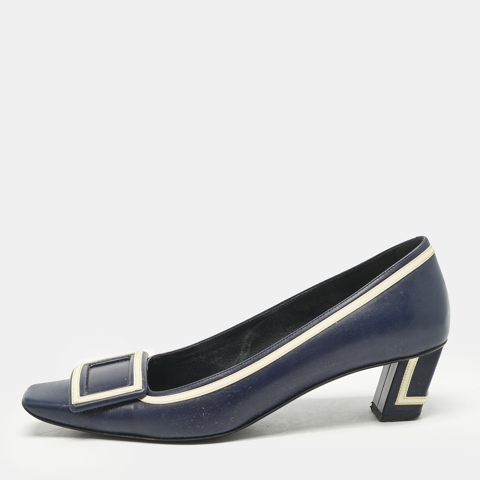 

Roger Vivier Navy Blue Leather Buckle Detail Pumps Size