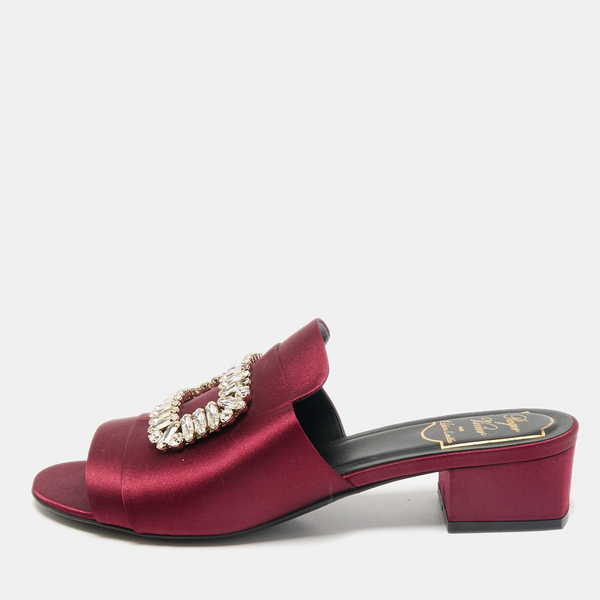 

Roger Vivier Burgundy Satin Crystal Embellished Slide Sandals Size