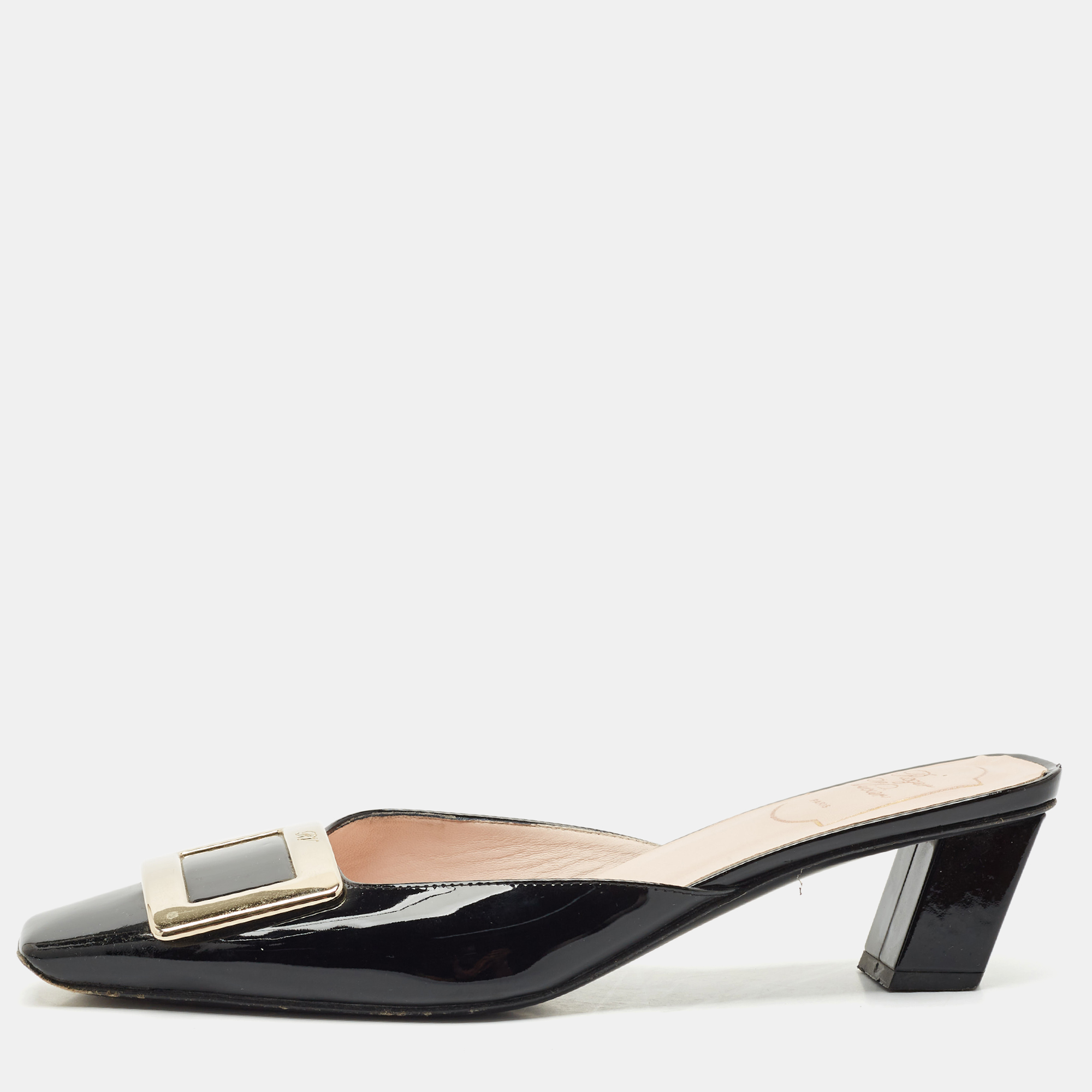 

Roger Vivier Black Patent Leather Belle Vivier Mules Size