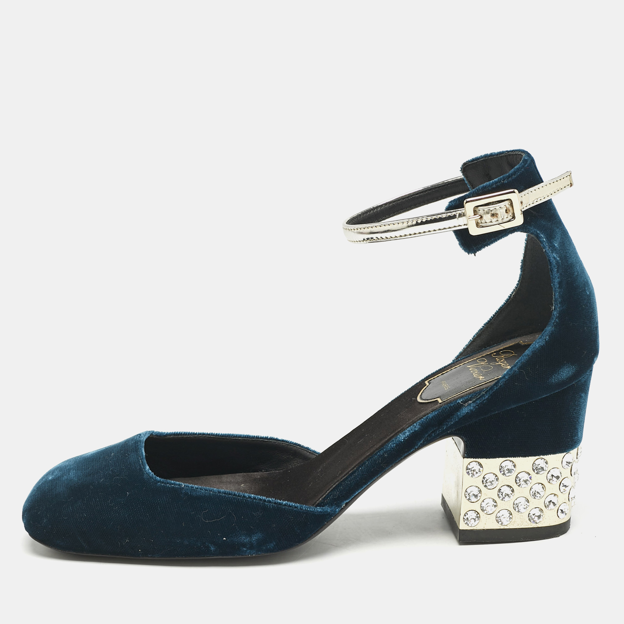 

Roger Vivier Dark Blue Velvet Crystal Embellished Block Heel Ankle Strap Sandals Size