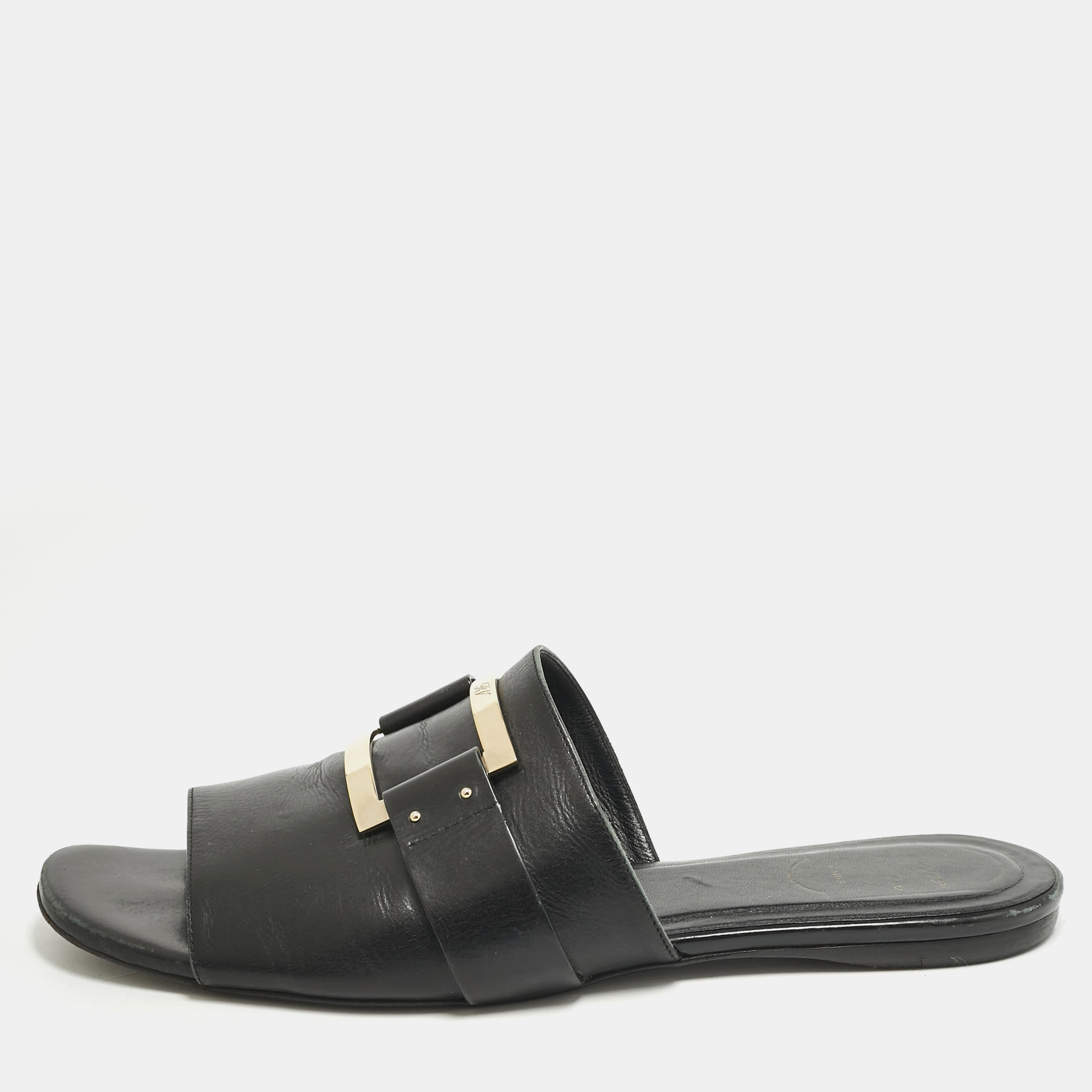 

Roger Vivier Black Leather Buckle Flat Slides Size