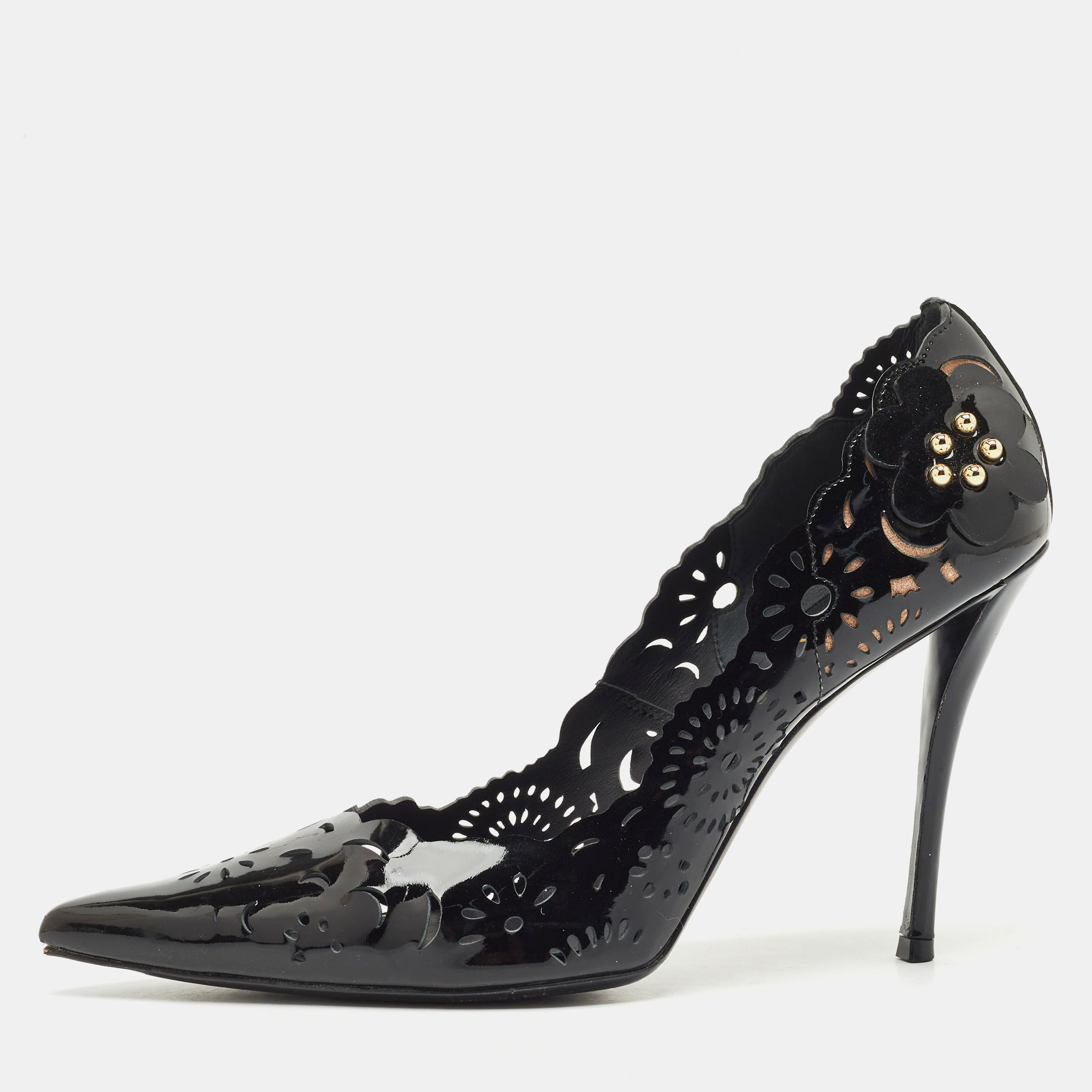 

Roger Vivier Black Patent Laser-Cut BB Roc Pointed Toe Pumps Size