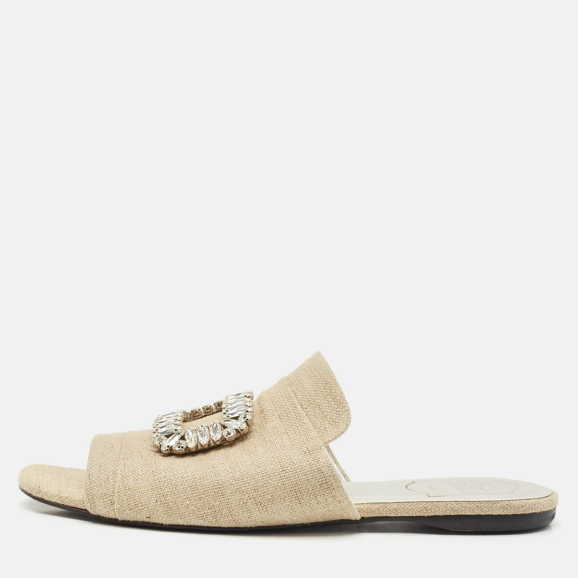 Pre-owned Roger Vivier Cream Canvas Tiffany Buckle Flat Slides Size 41 In White