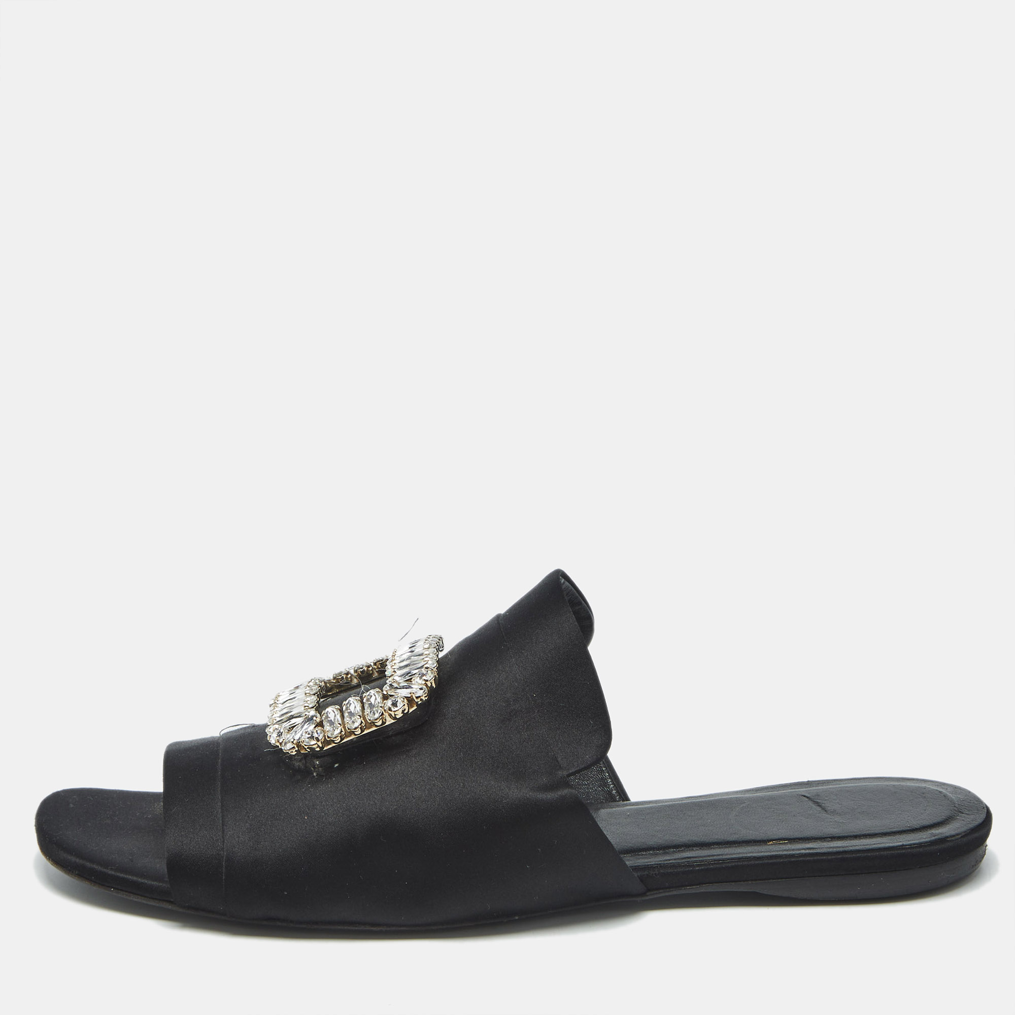 Pre-owned Roger Vivier Black Satin Crystal Embellished Slide Sandals Size 41