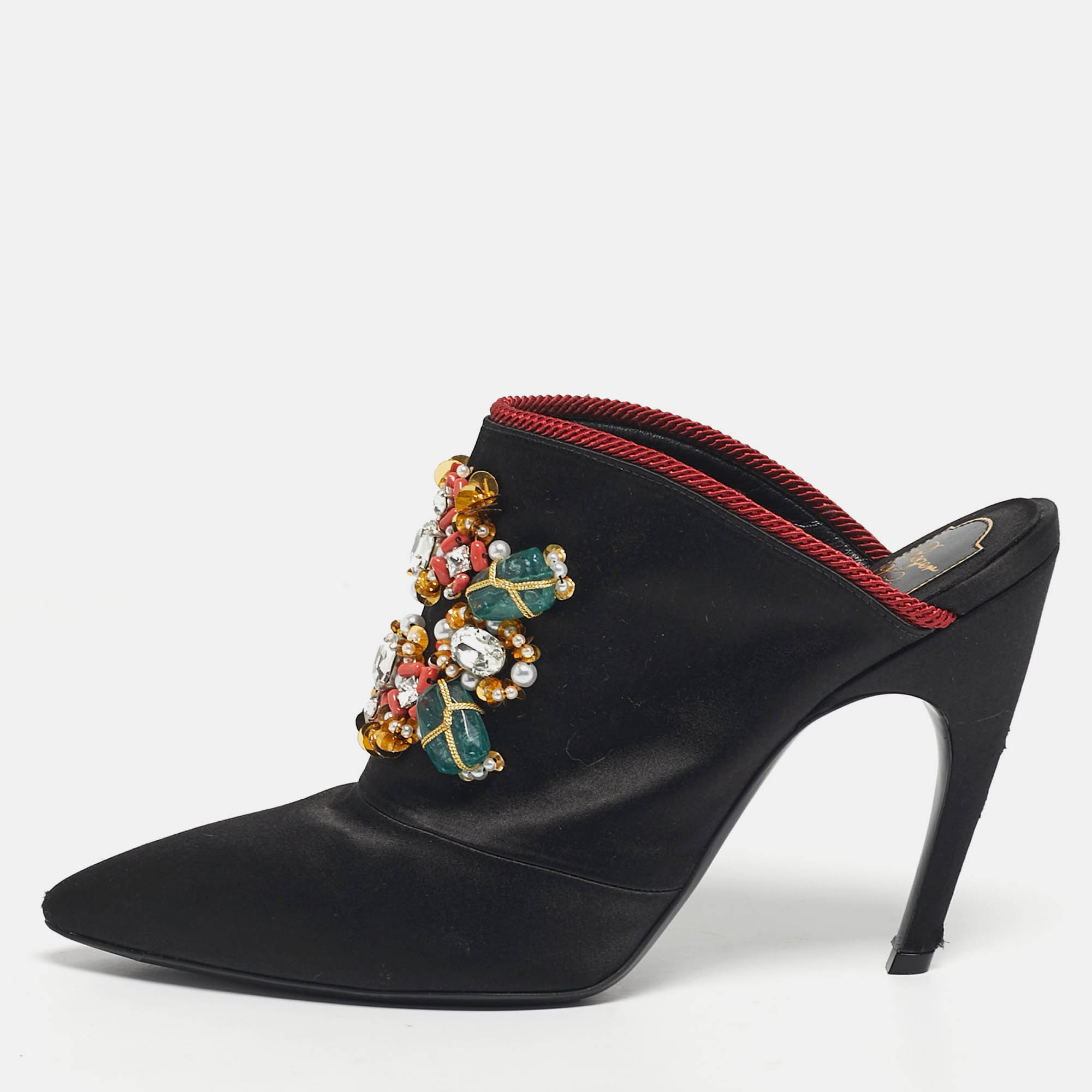 

Roger Vivier Black Satin Crystals Embellished Mules Size