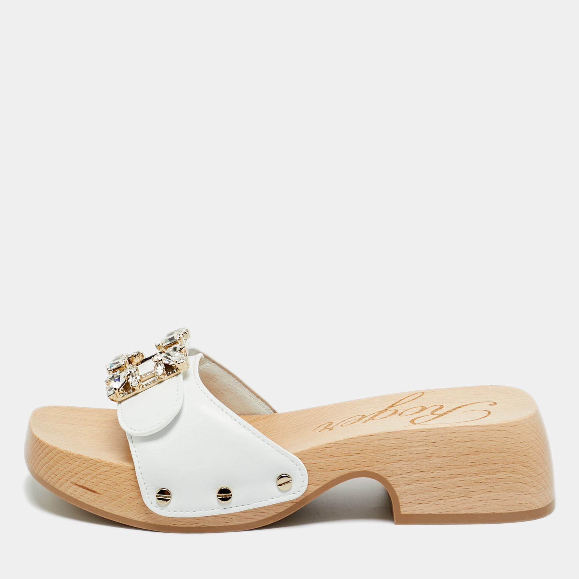 

Roger Vivier White Leather Crystal Embellished Viv Clogs Size