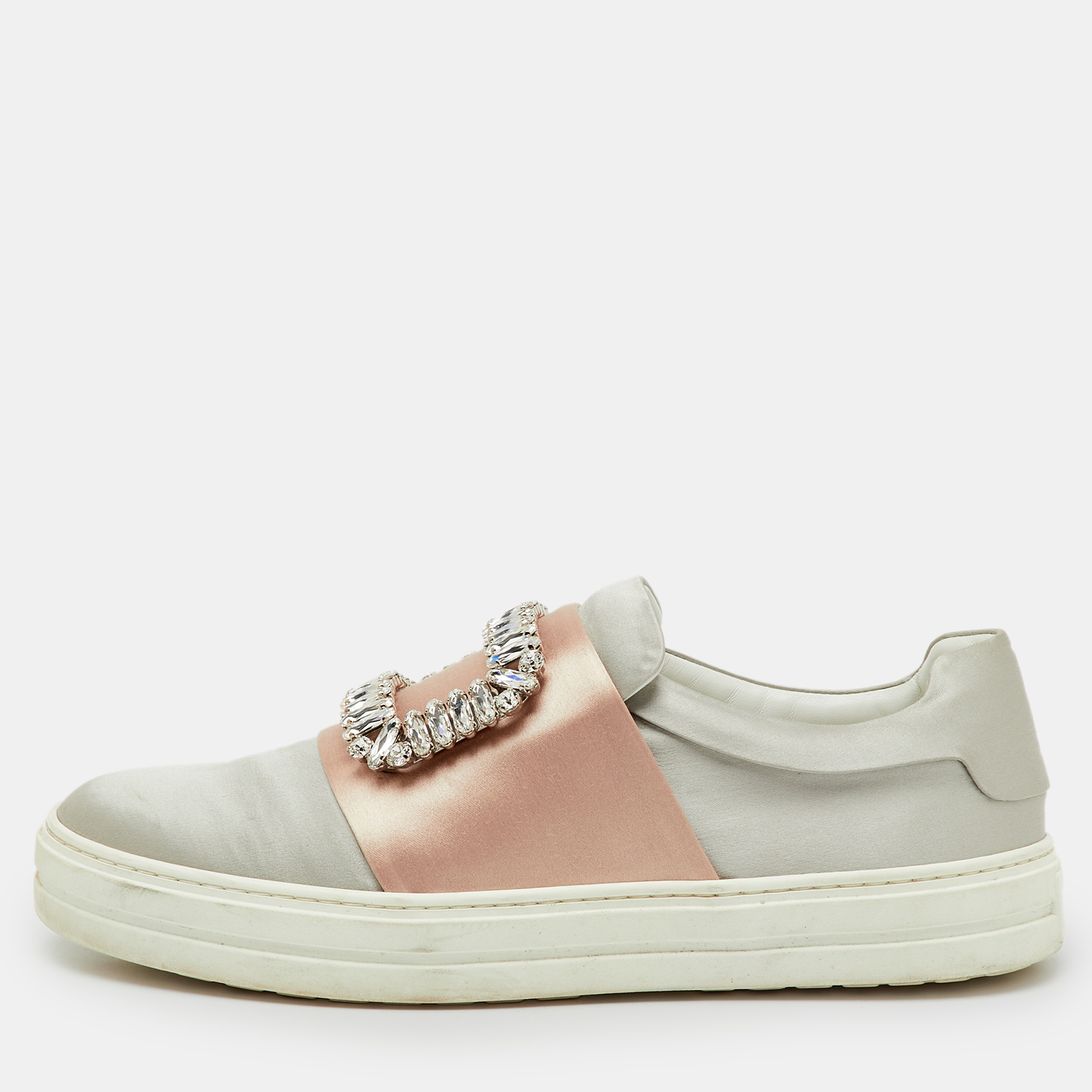 

Roger Vivier Light Grey/Beige Satin Crystal Embellished Sneaky Viv Slip On Sneakers Size