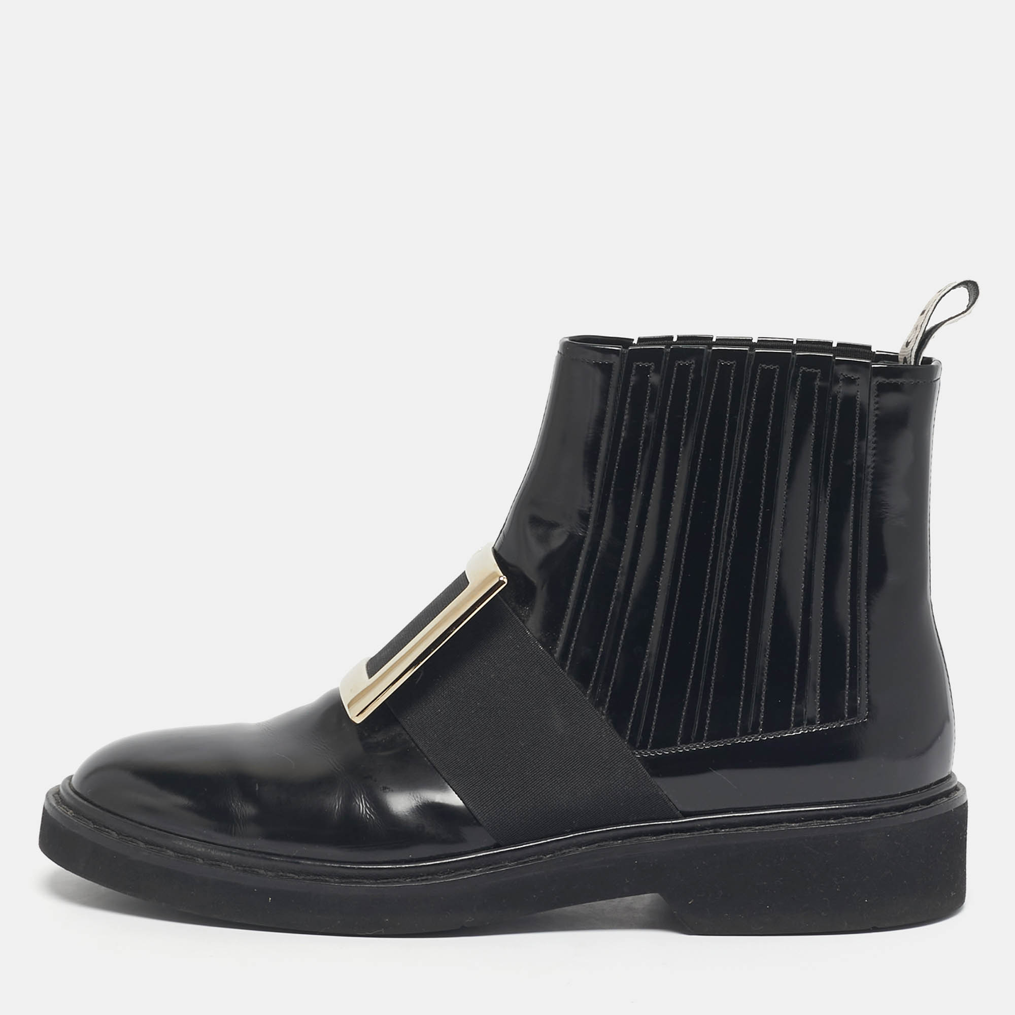 

Roger Vivier Black Patent Leather Viv' Rangers Metal Buckle Chelsea Boots Size