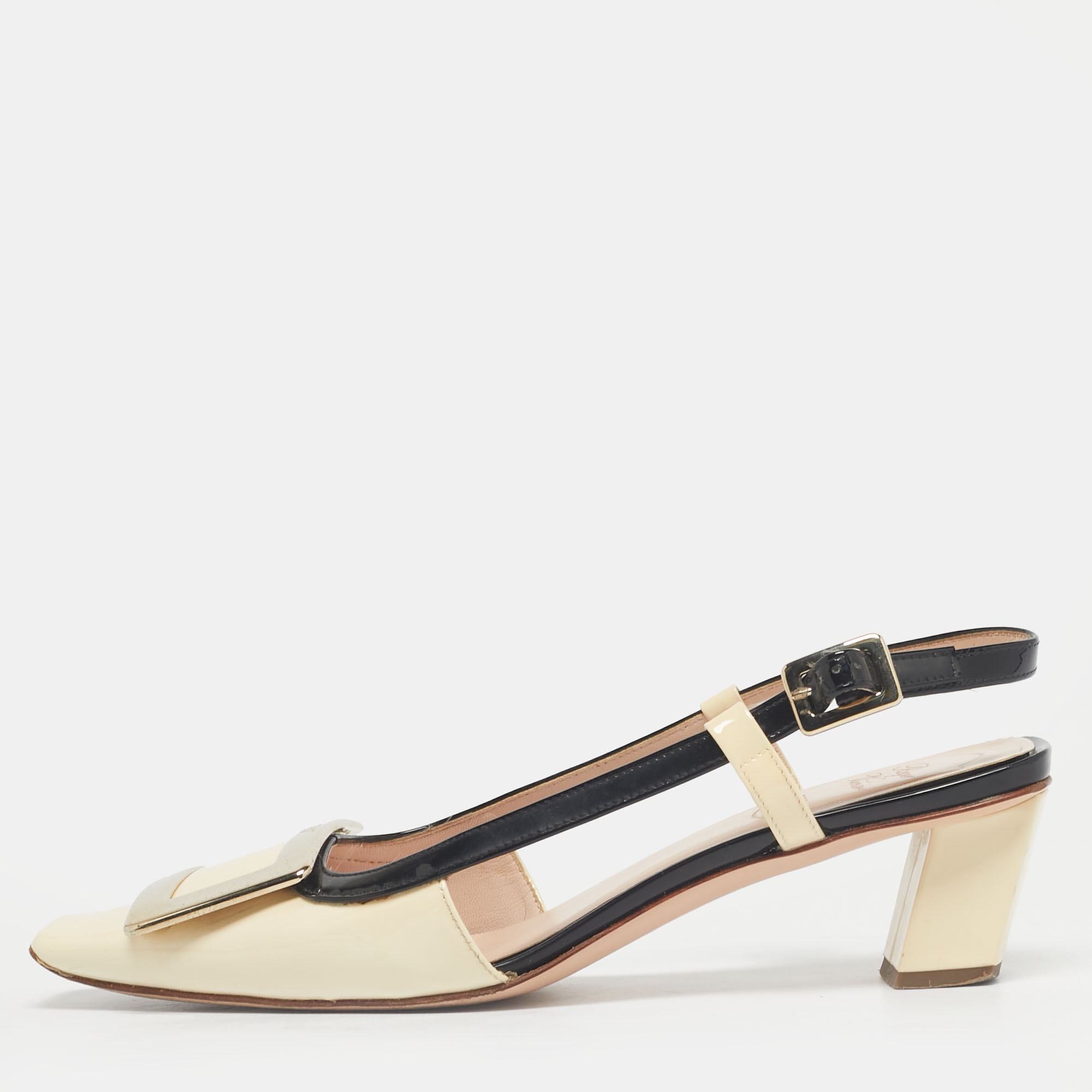 

Roger Vivier Cream/Black Patent Leather Belle Vivier Slingback Pumps Size