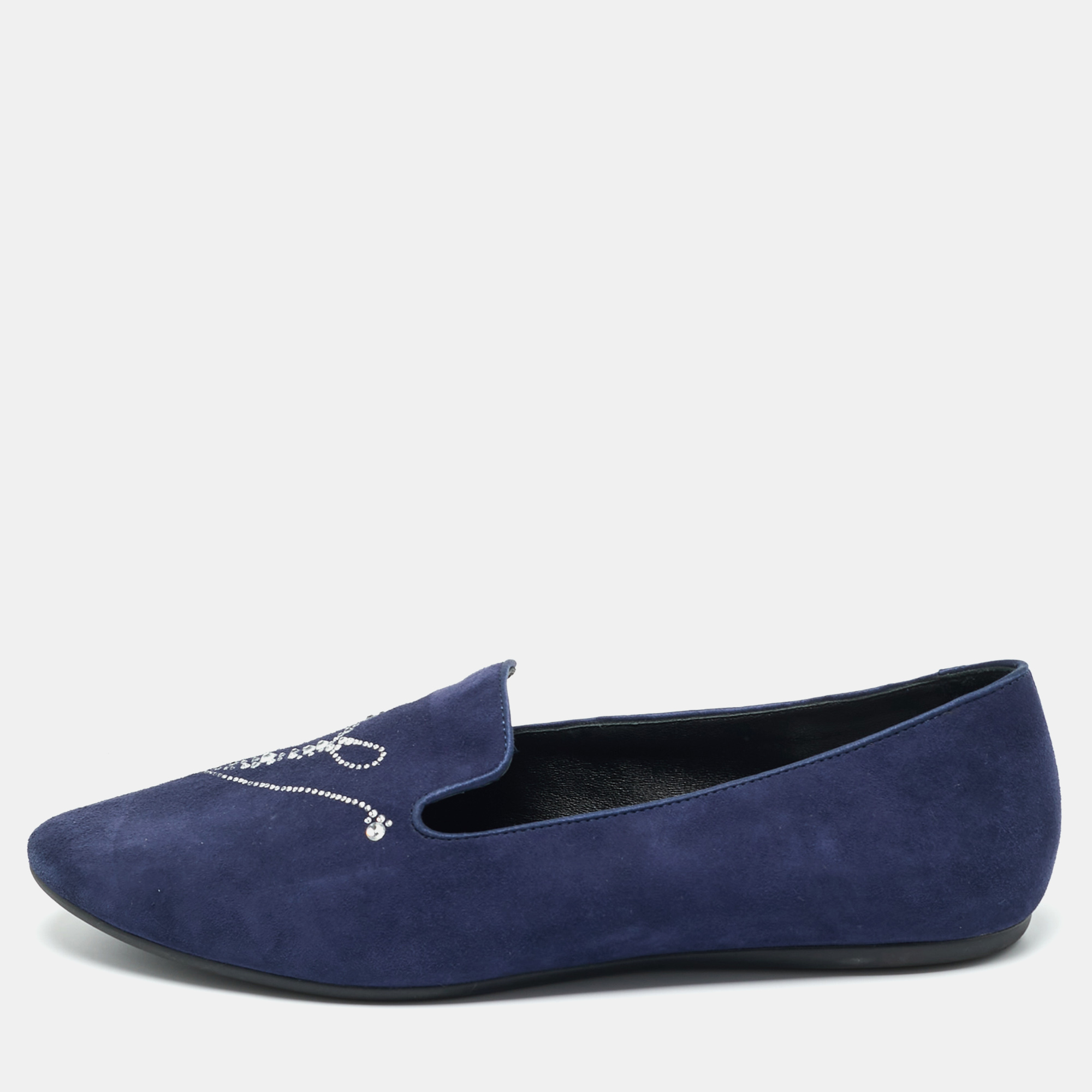 

Roger Vivier Navy Blue Suede Crystal Embellished Ballet Flats Size