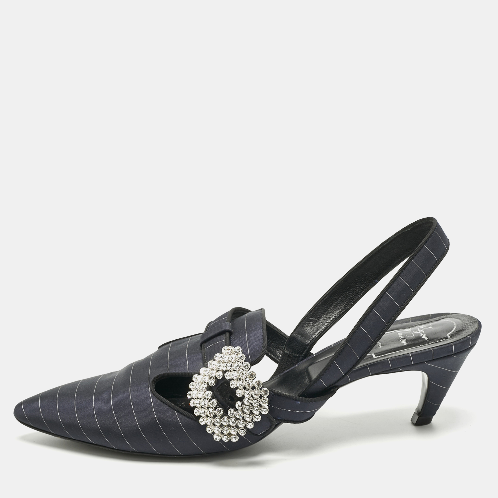 

Roger Vivier Navy Blue Fabric Crystal Embellished Slingback Pumps Size