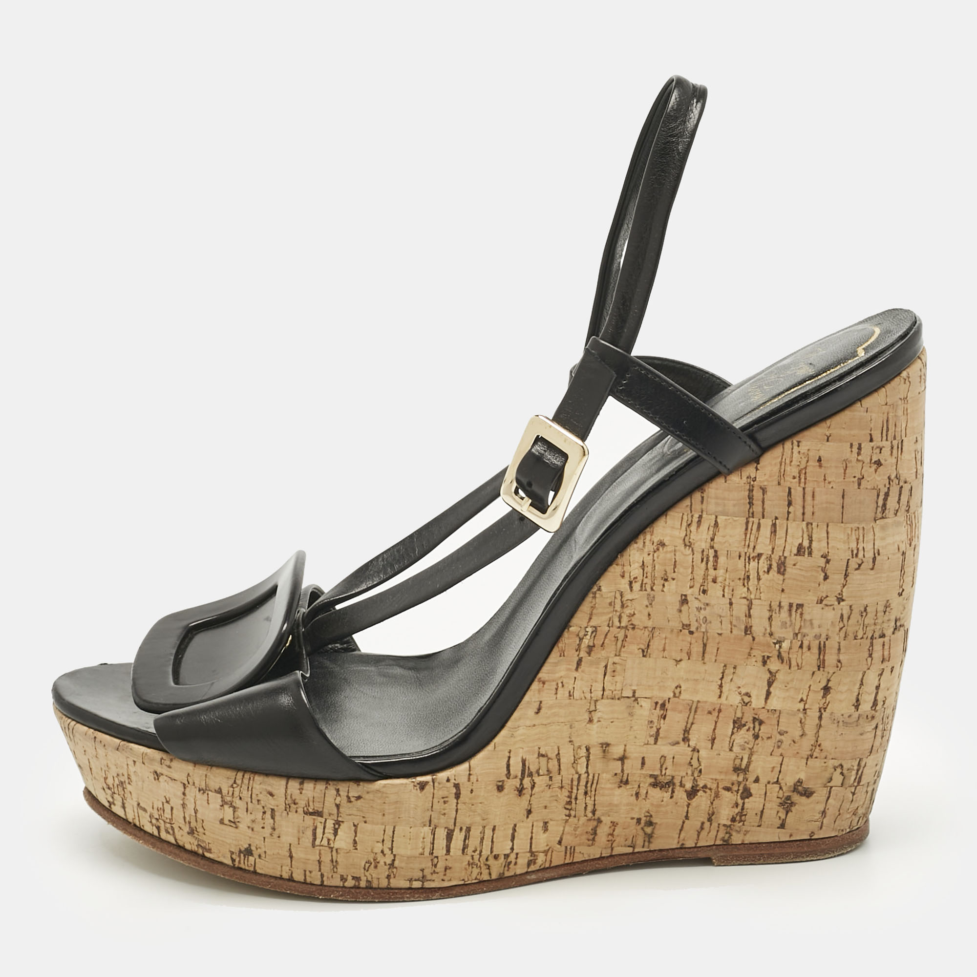 

Roger Vivier Black Leather Buckle Wedge Slingback Sandals Size