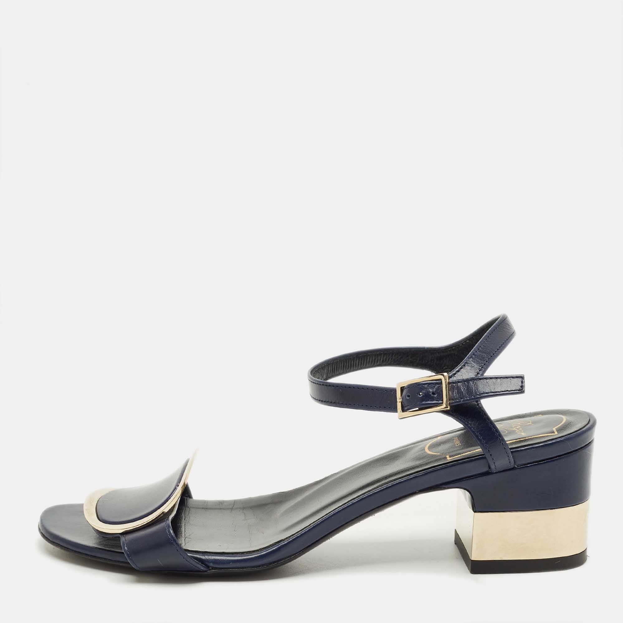 

Roger Vivier Navy Blue Leather Chips West Buckle Ankle Strap Sandals Size