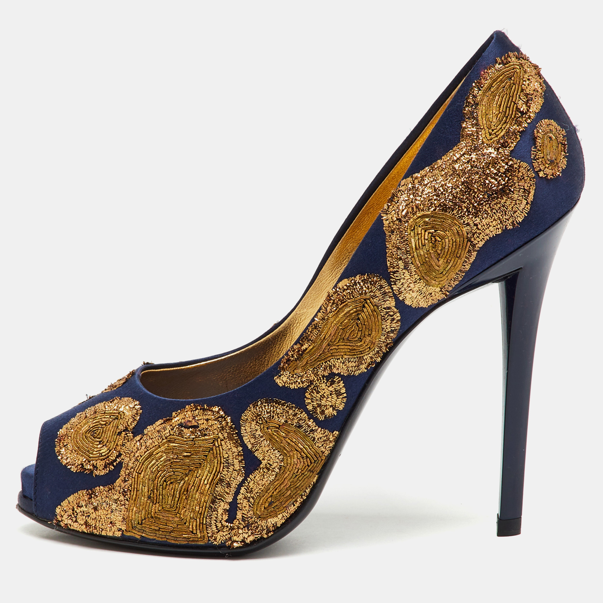 Pre-owned Roger Vivier Navy Blue/gold Embroidered Satin Peep Toe Platform Pumps Size 36