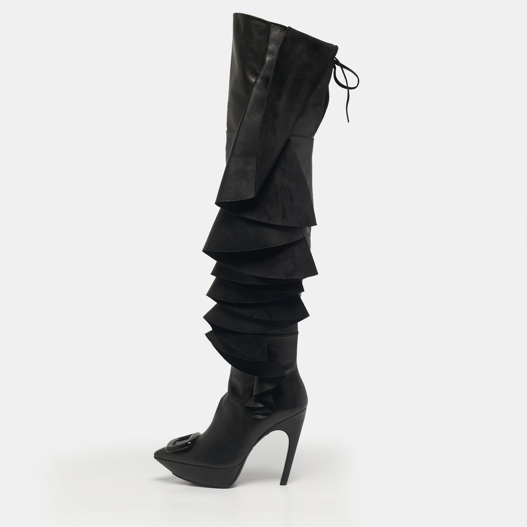 

Roger Vivier Black Leather and Suede Rouches Cuissards Over The Knee Boots Size