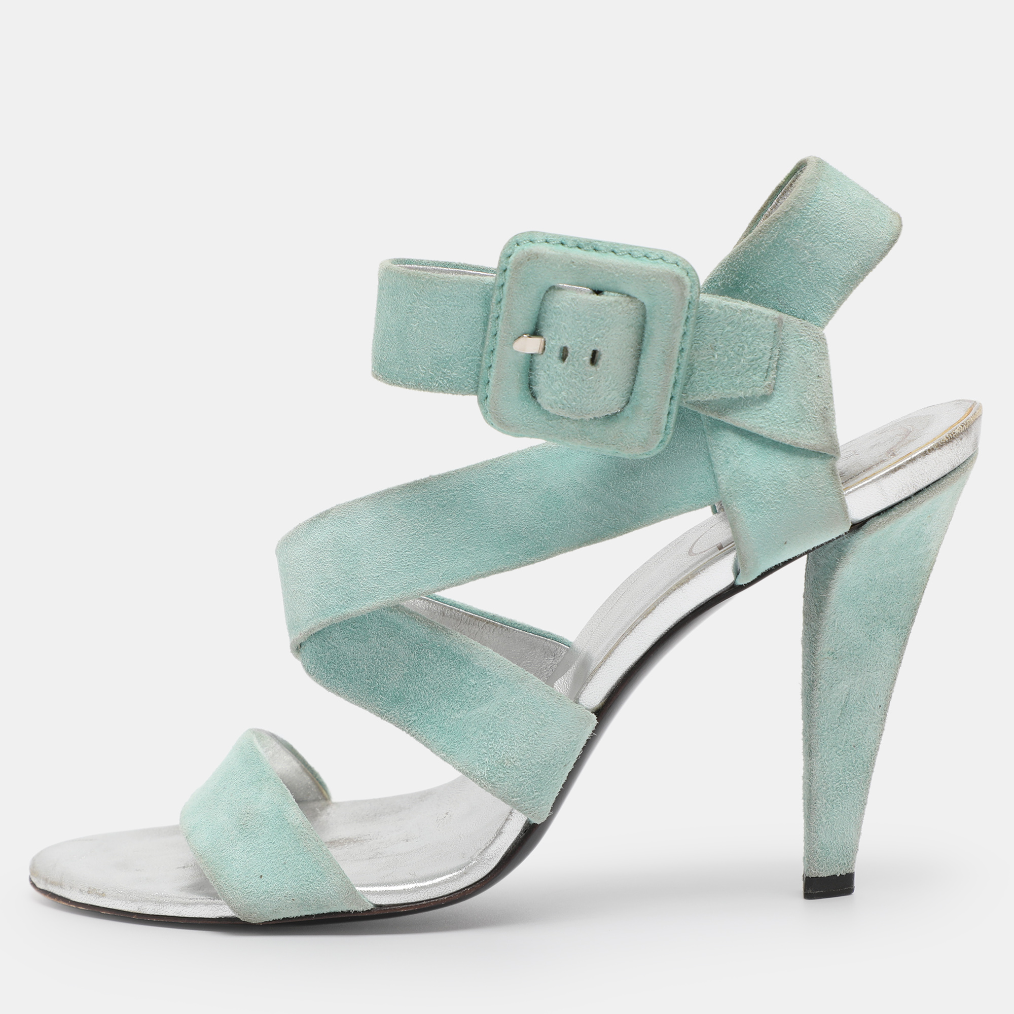 

Roger Vivier Turquoise Suede Ankle Strap Sandals Size 38.5, Blue