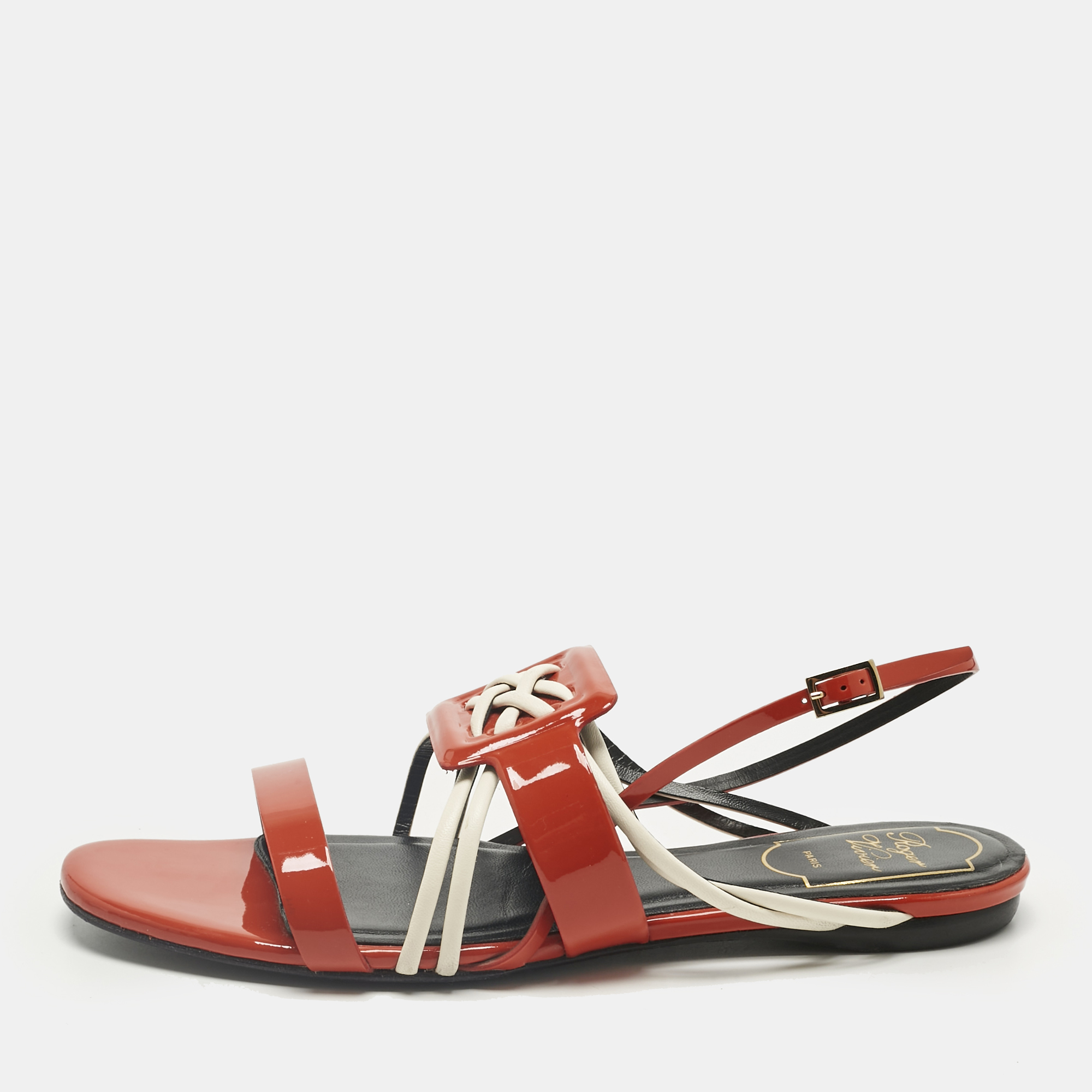 Pre-owned Roger Vivier Red Patent And Leather Slingback Flat Sandals Size 37