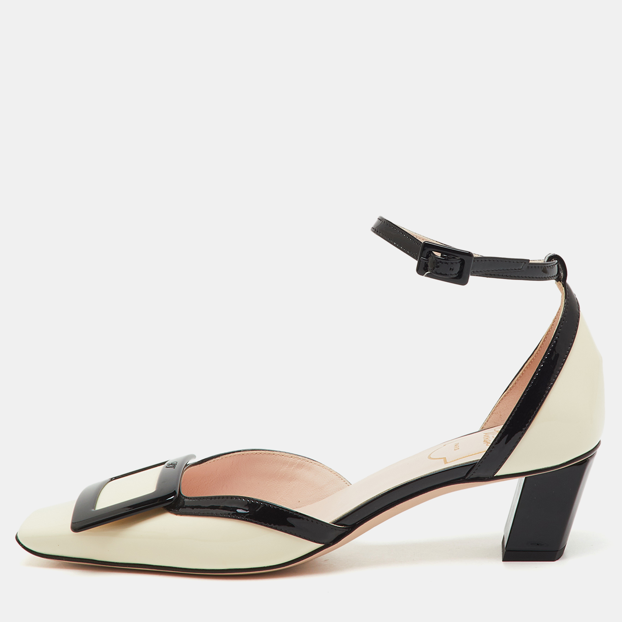 

Roger Vivier White/Black Patent Leather Belle Vivier Ankle Strap Pumps Size