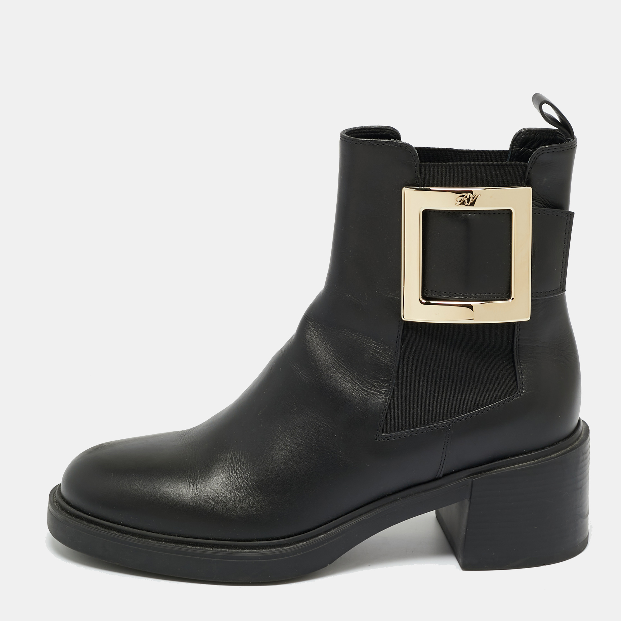 Pre-owned Roger Vivier Black Leather Buckle Ankle Length Boots Size 38