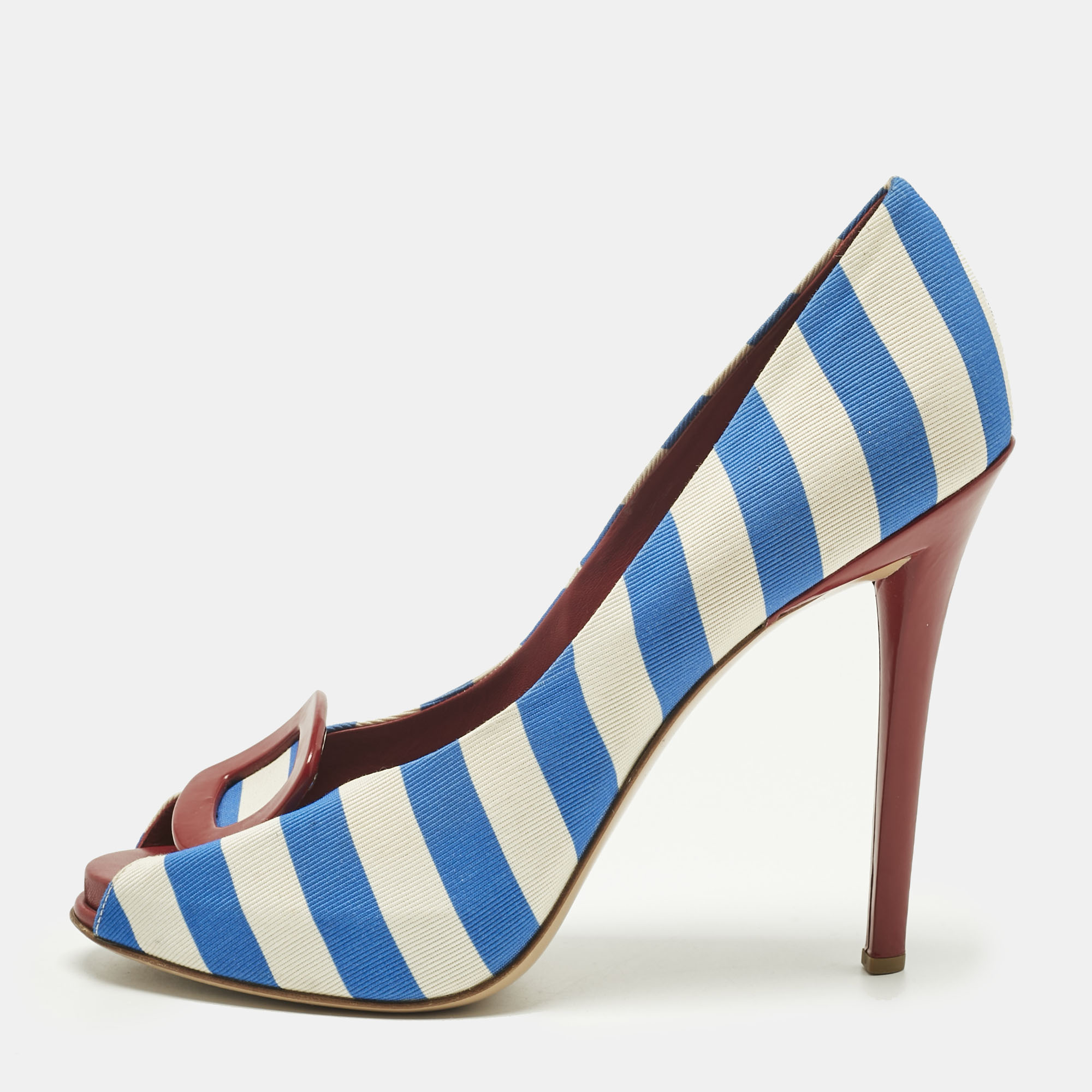 Pre-owned Roger Vivier Grey/navy Blue Canvas Vivier Trompette Pumps Size 40 In White