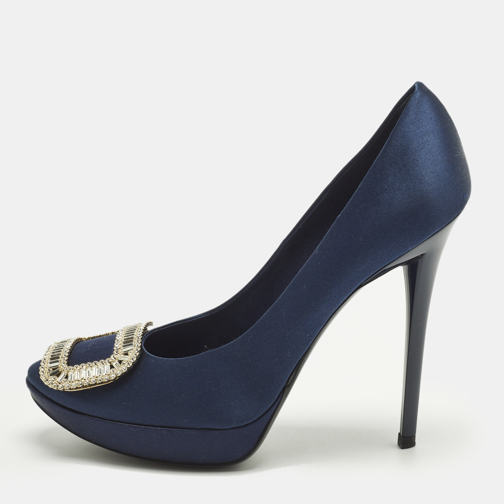 ROGER VIVIER Pre-owned Limelight Buckle Size 39.5 Navy Blue Satin Pumps
