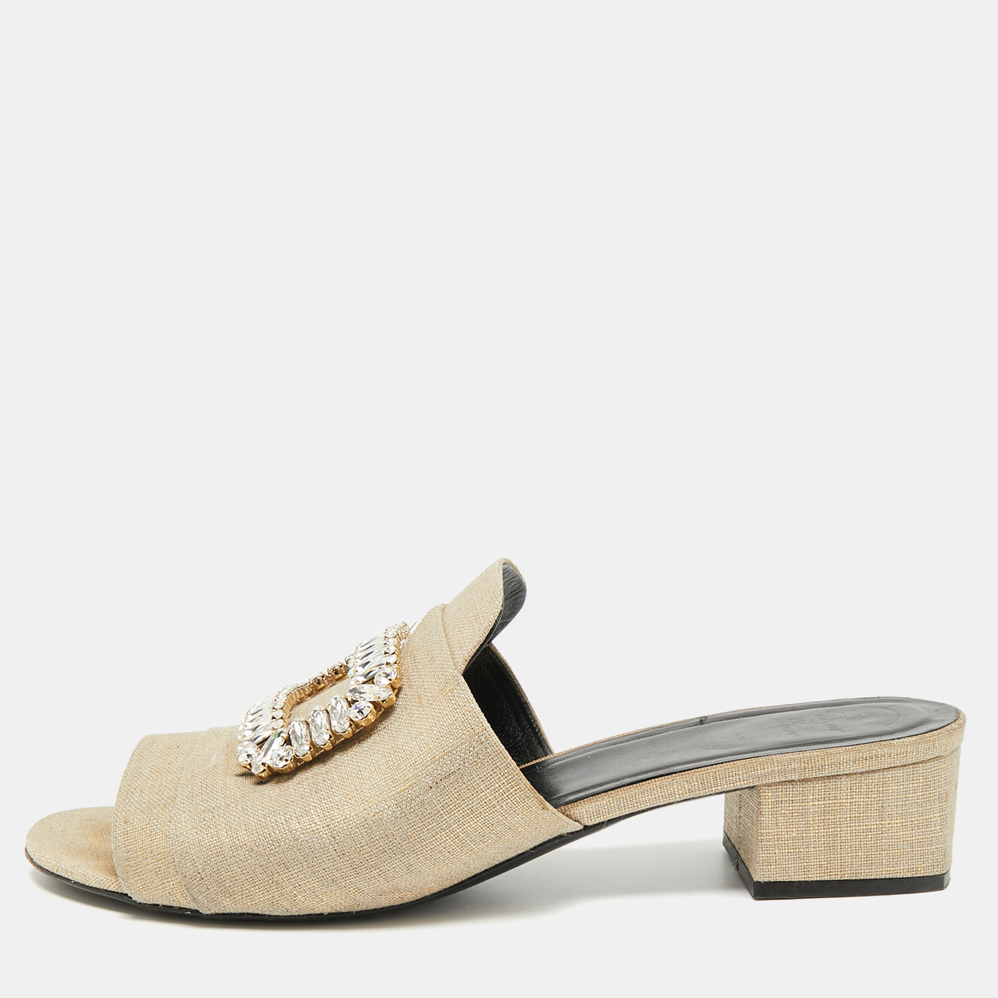 Pre-owned Roger Vivier Size 41 Beige Canvas Crystal Embellished Slide Sandals