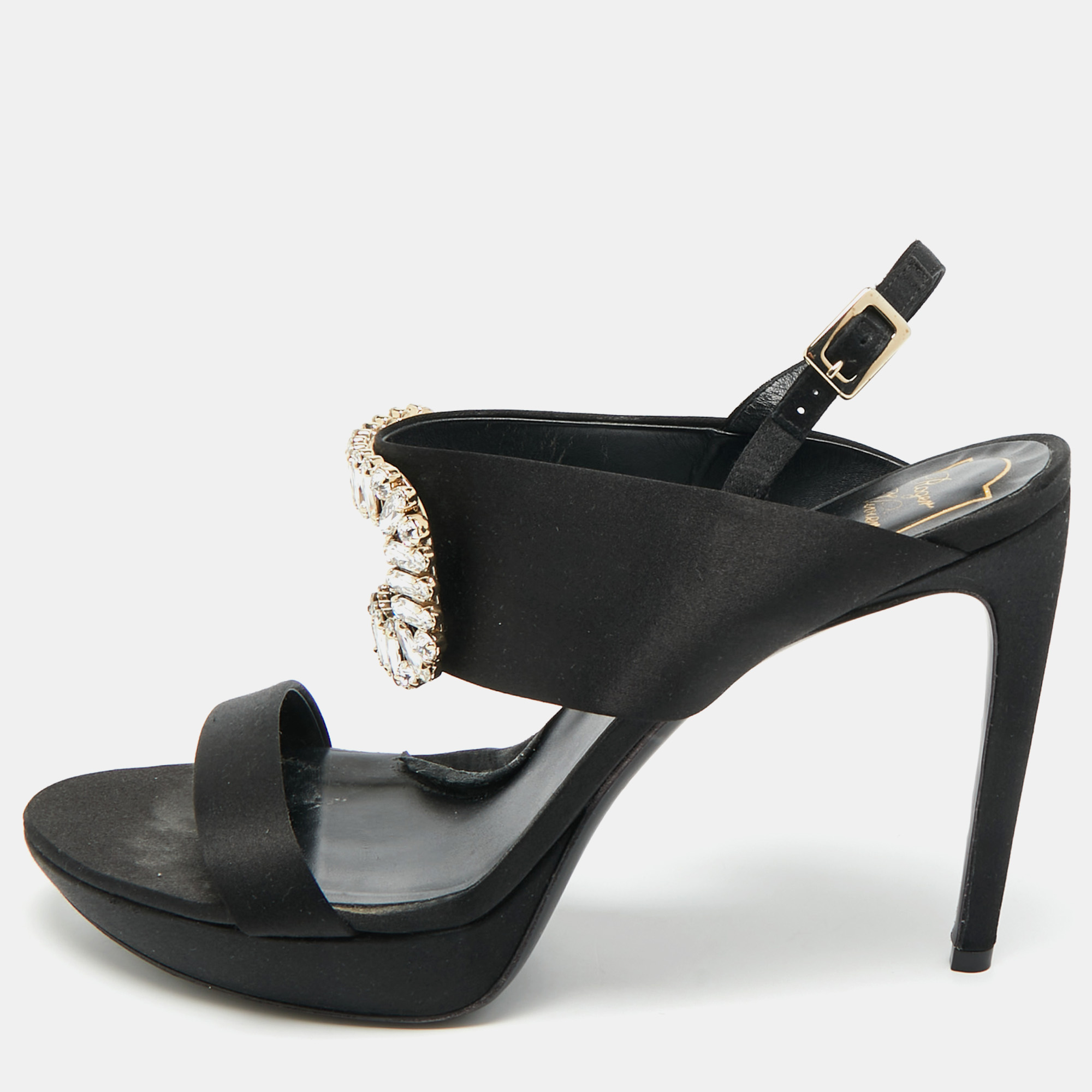 

Roger Vivier Size  Black Satin Crystal Embellished Slingback Sandals