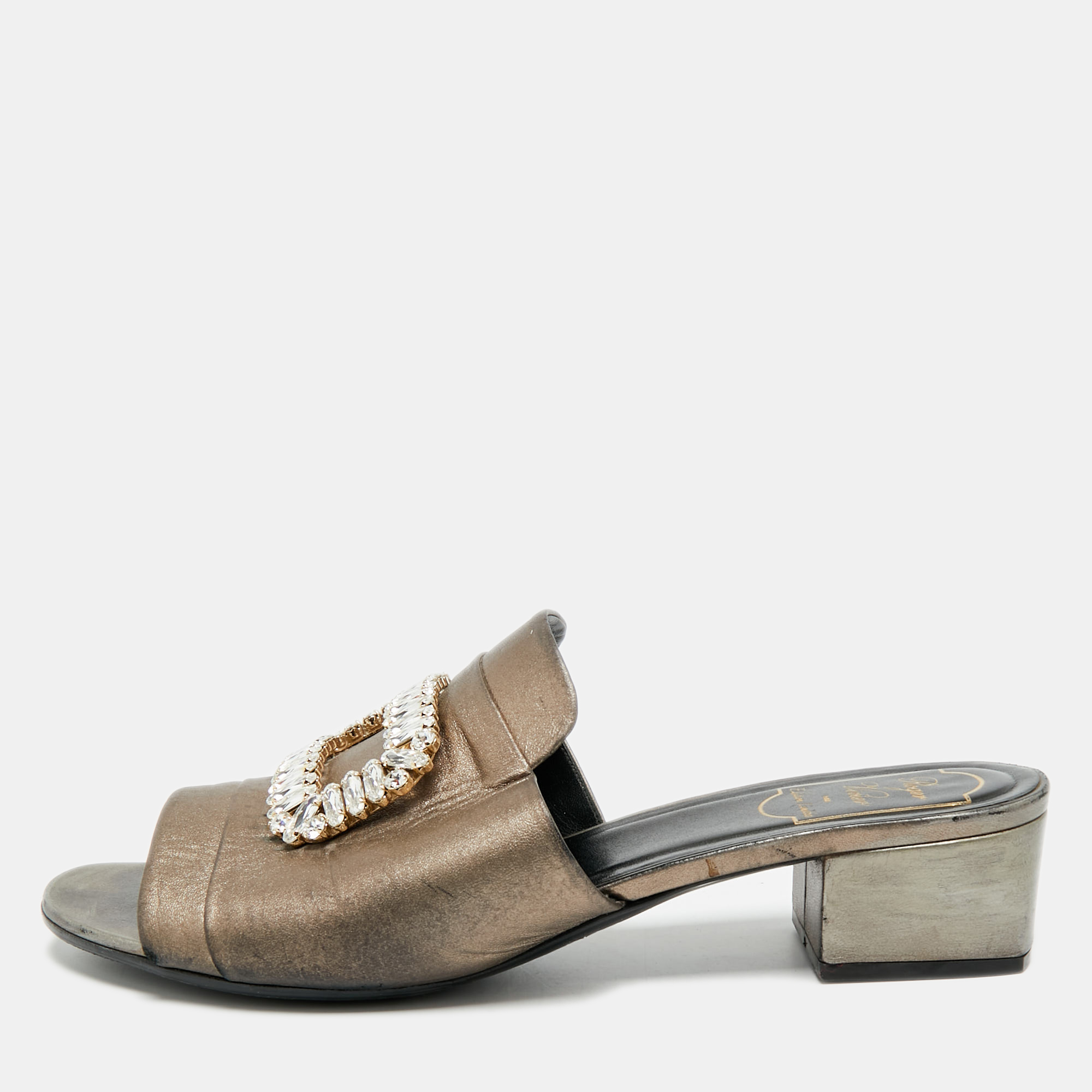 

Roger Vivier Size  Metallic Bronze Leather Crystal Embellished Slide Sandals